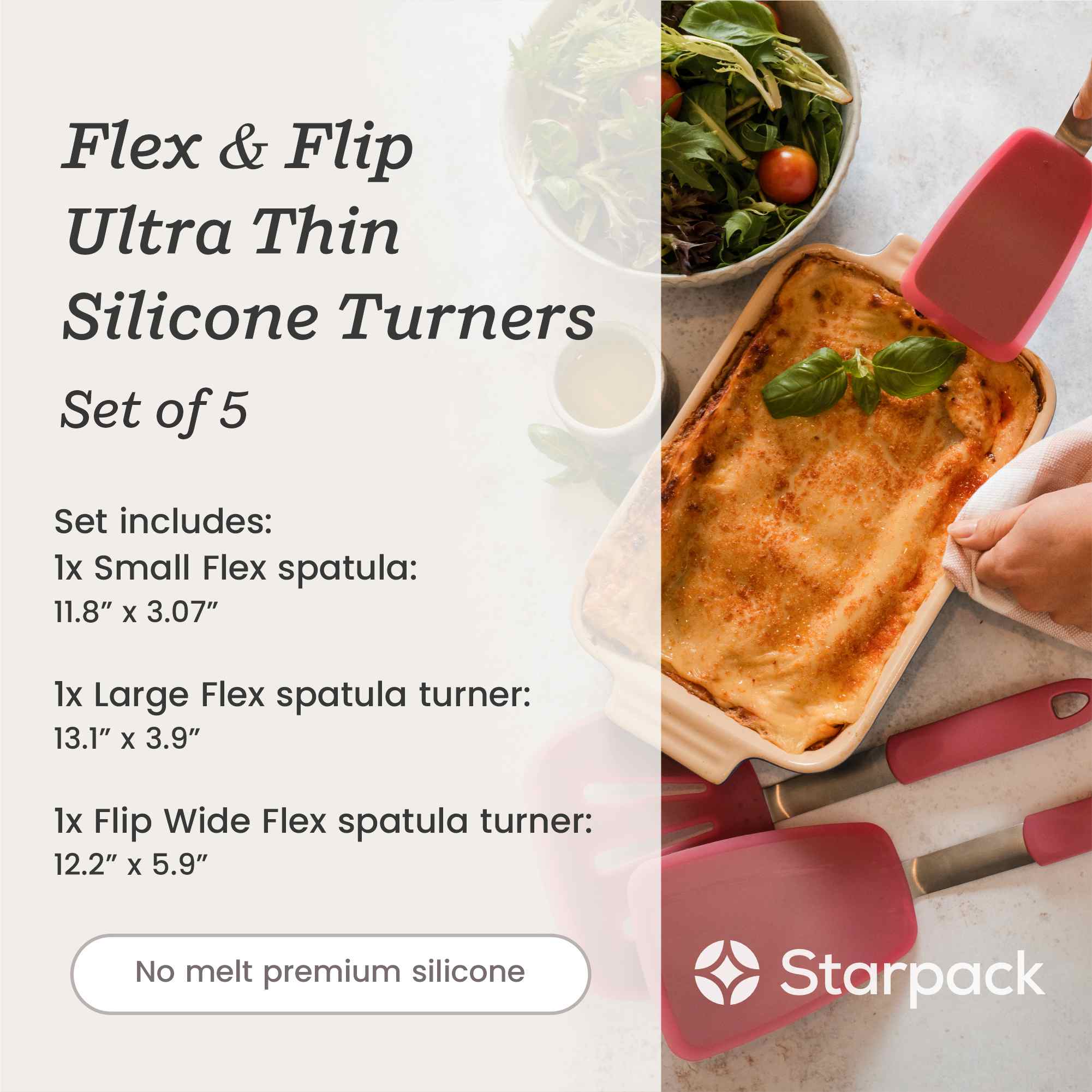 Starpack 3-piece flex turner set with flexible, heat-resistant silicone heads and comfortable handles, ideal for flipping and serving a variety of dishes.