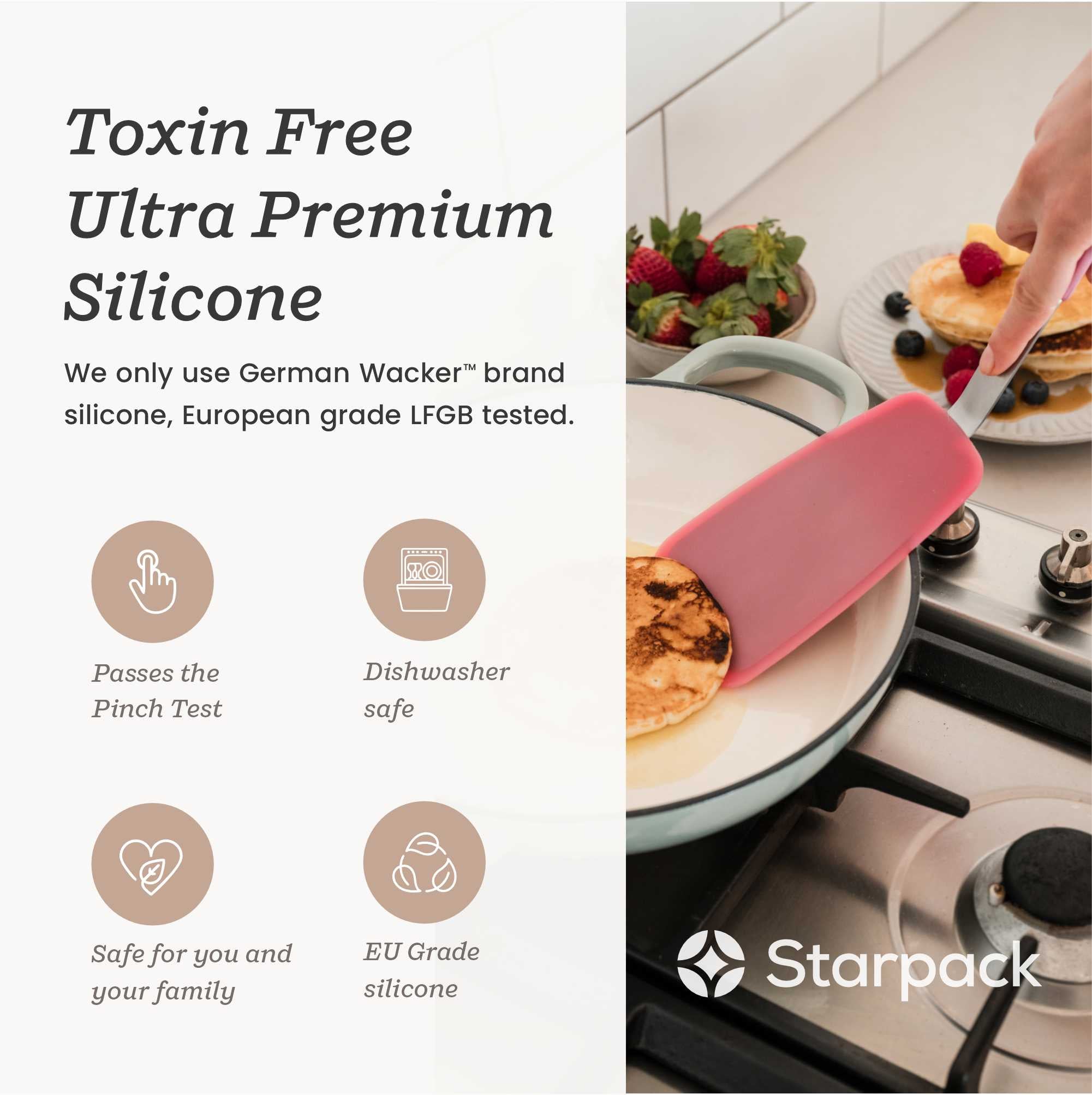 Starpack 3-piece flex turner set with flexible, heat-resistant silicone heads and comfortable handles, ideal for flipping and serving a variety of dishes.