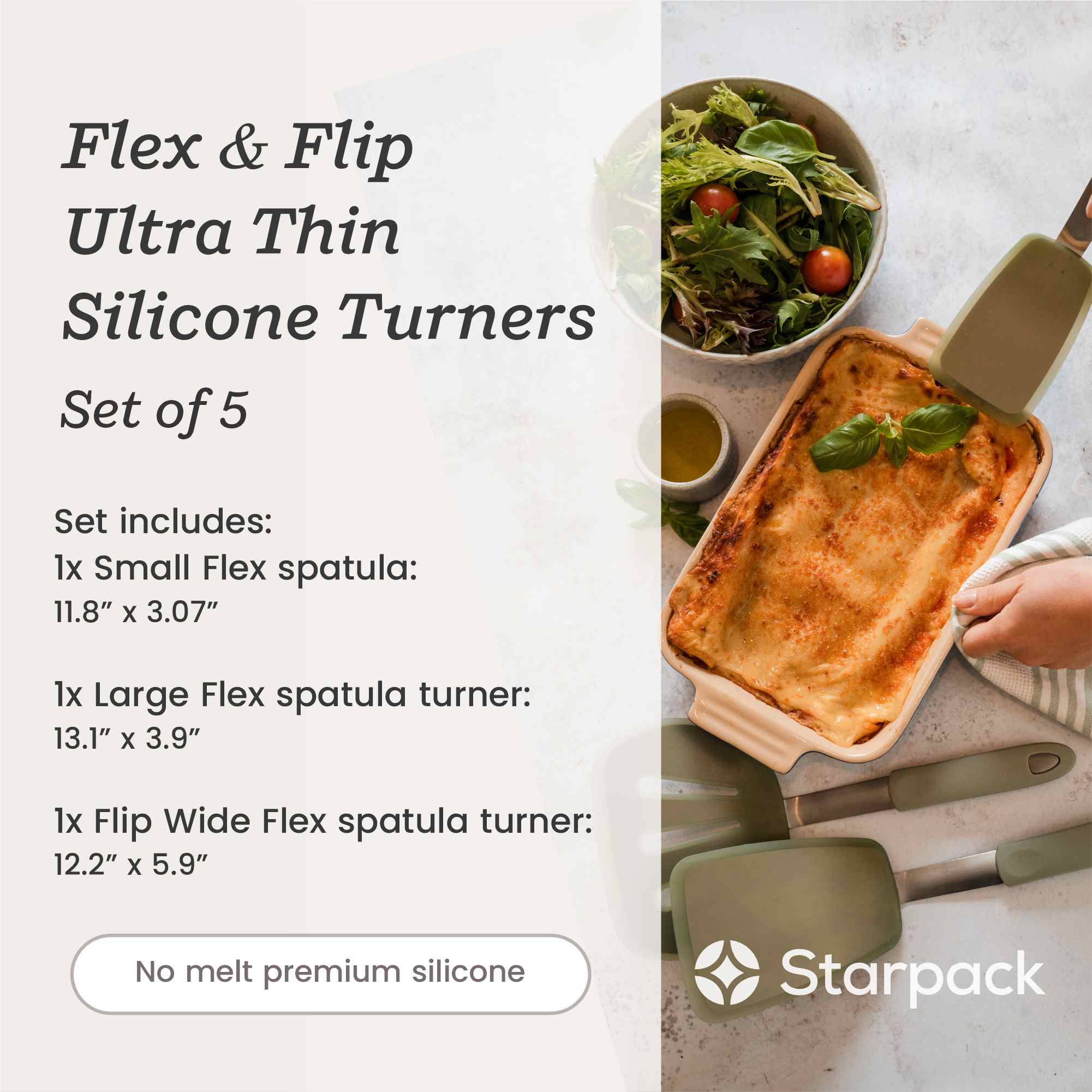 Starpack 3-piece flex turner set with flexible, heat-resistant silicone heads and comfortable handles, ideal for flipping and serving a variety of dishes.