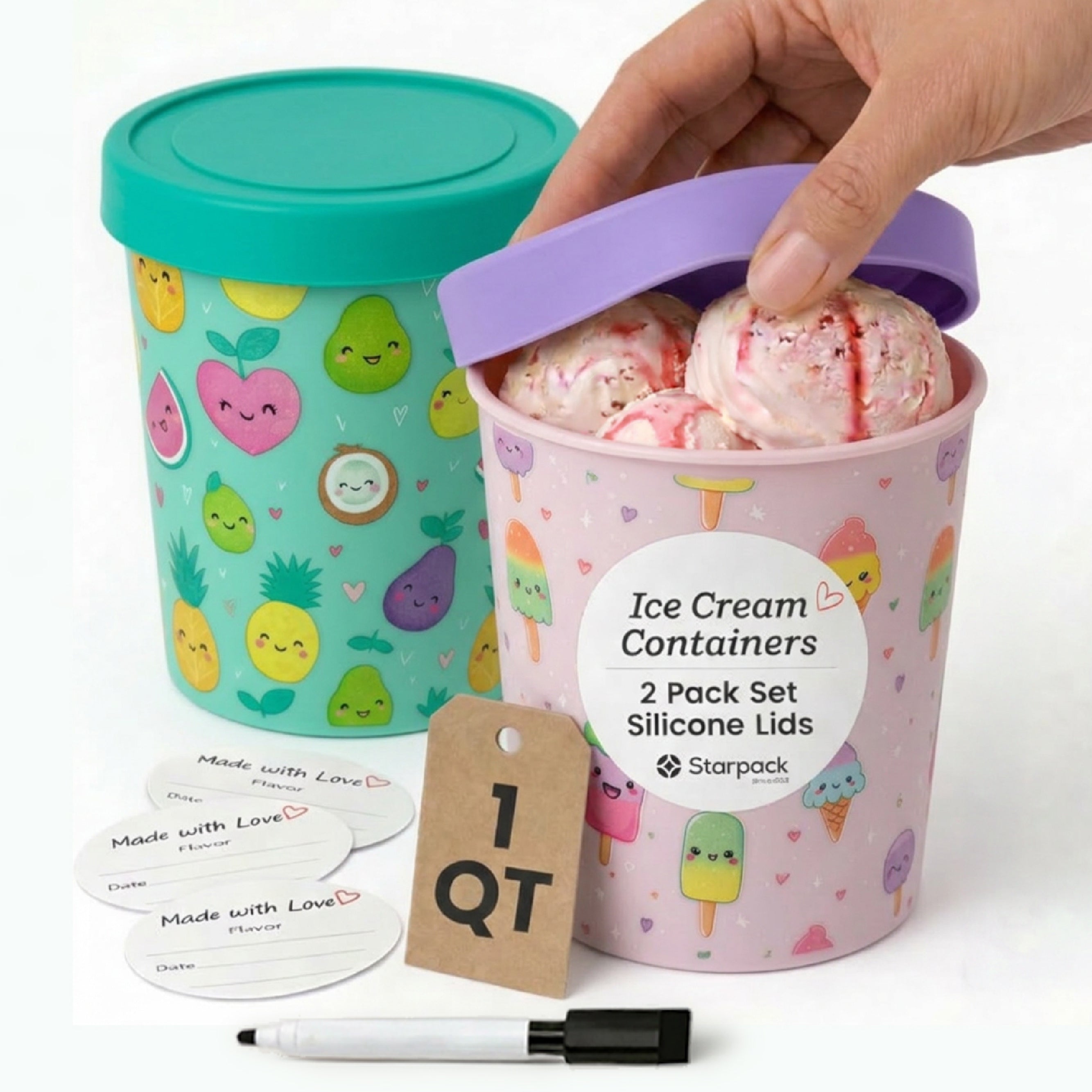 Freeze the Day | Ice Cream Freezer Container 1Qt Set of 2 - Purple & Green | Purple / Green
