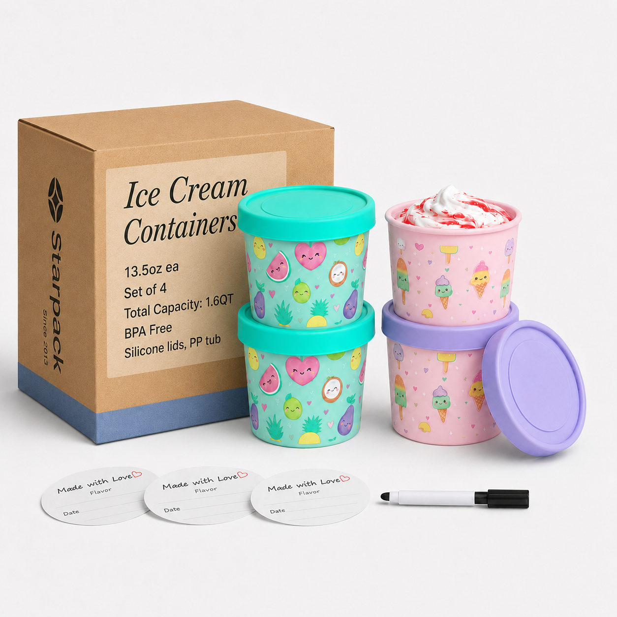Freeze the Day | Ice Cream Freezer Container 13.5oz Set of 4 | Purple / Green