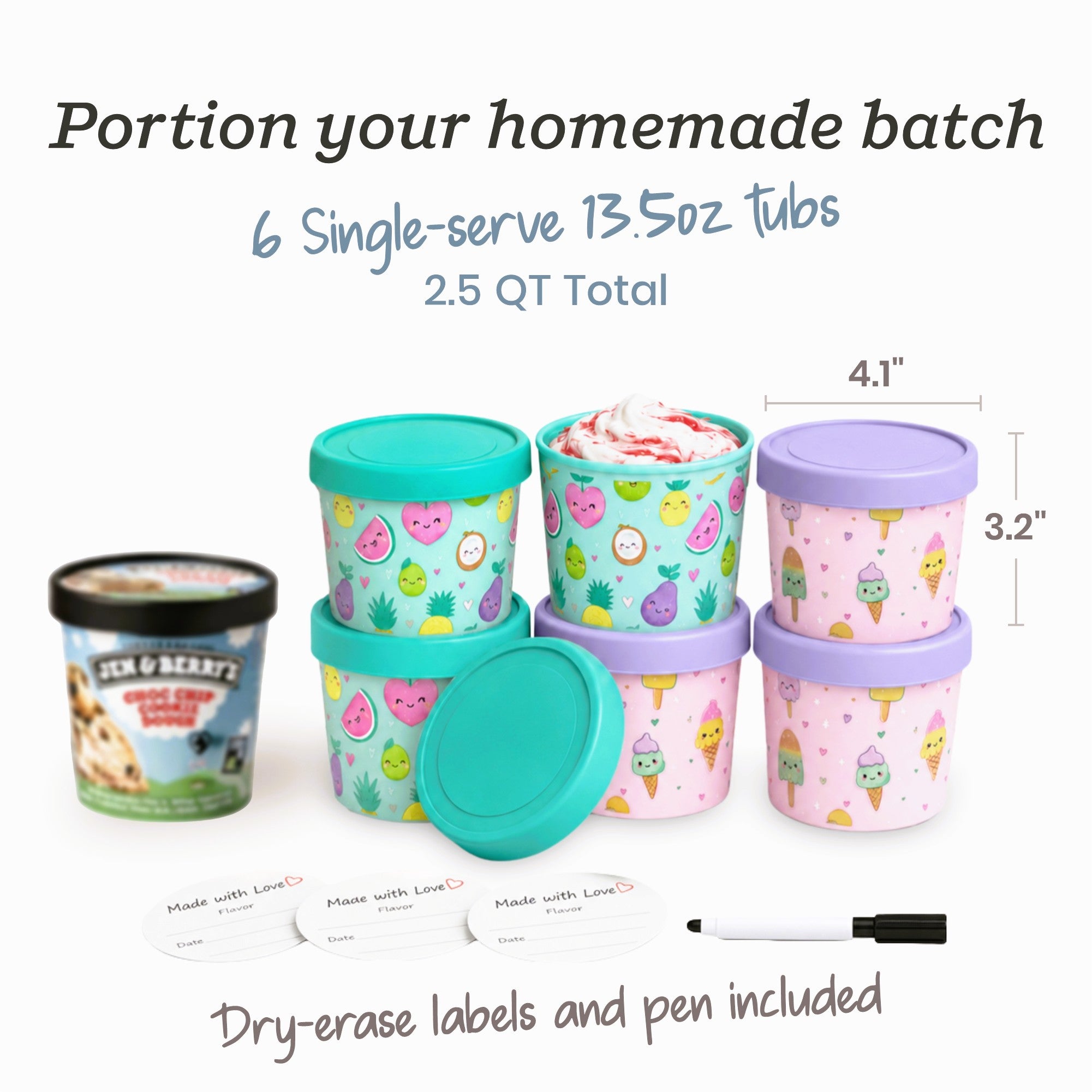 Freeze the Day | Ice Cream Freezer Container 13.5oz Set of 6 | Purple / Green