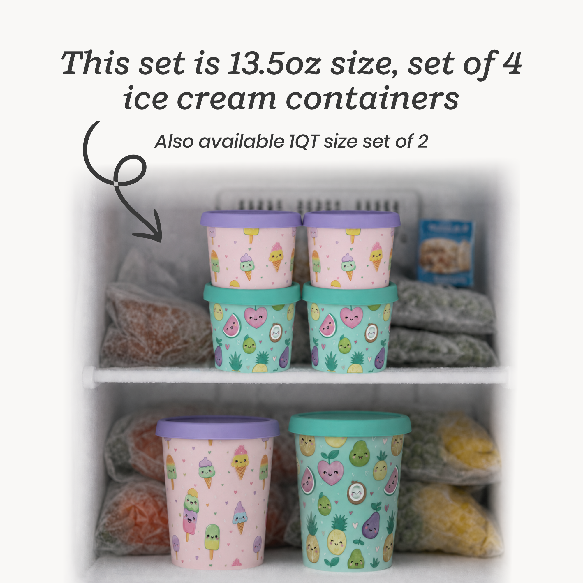 Freeze the Day | Ice Cream Freezer Container 13.5oz Set of 4 | Purple / Green