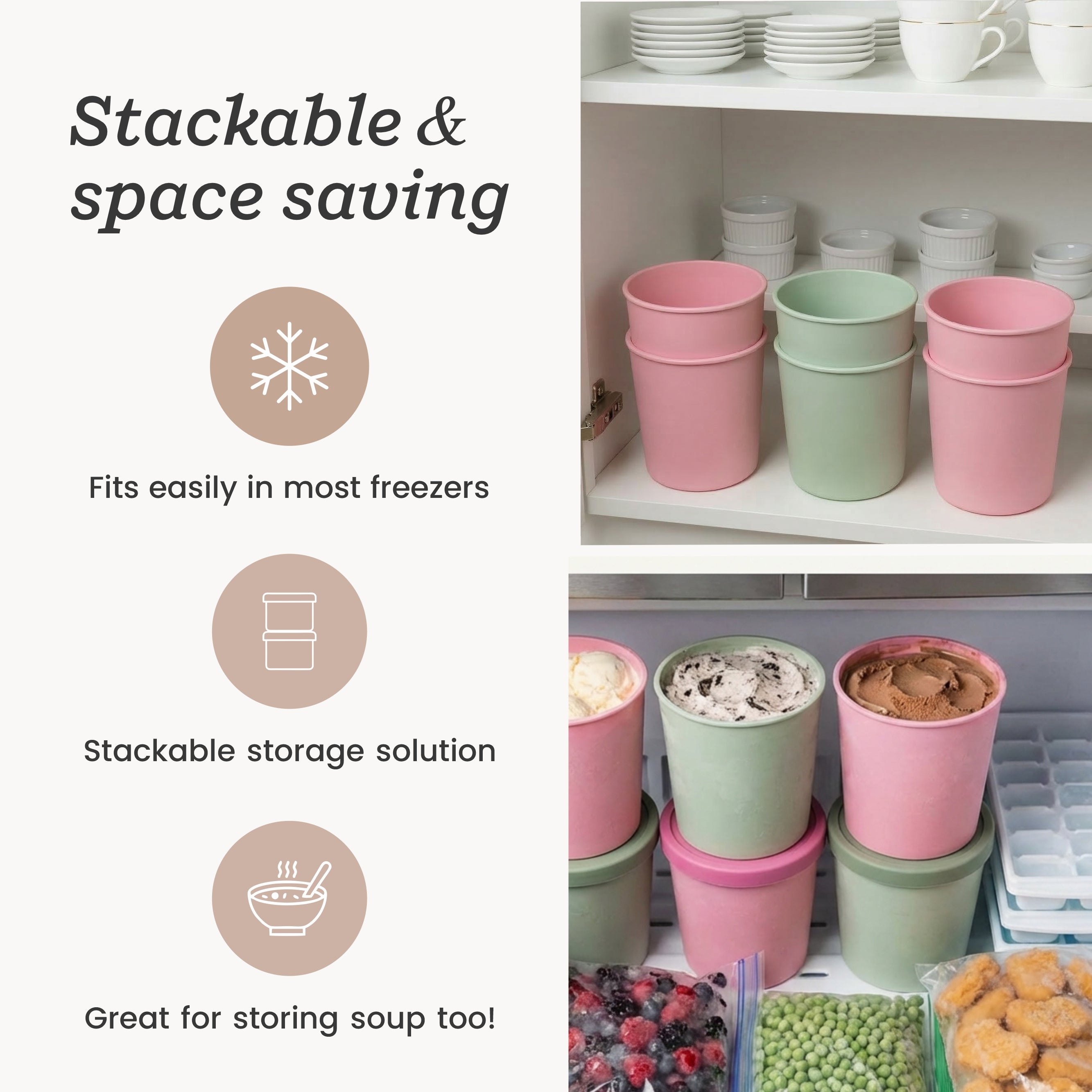 Freeze the Day | Ice Cream Freezer Lids 1Qt Set of 2 with Pens | Sage / Pink