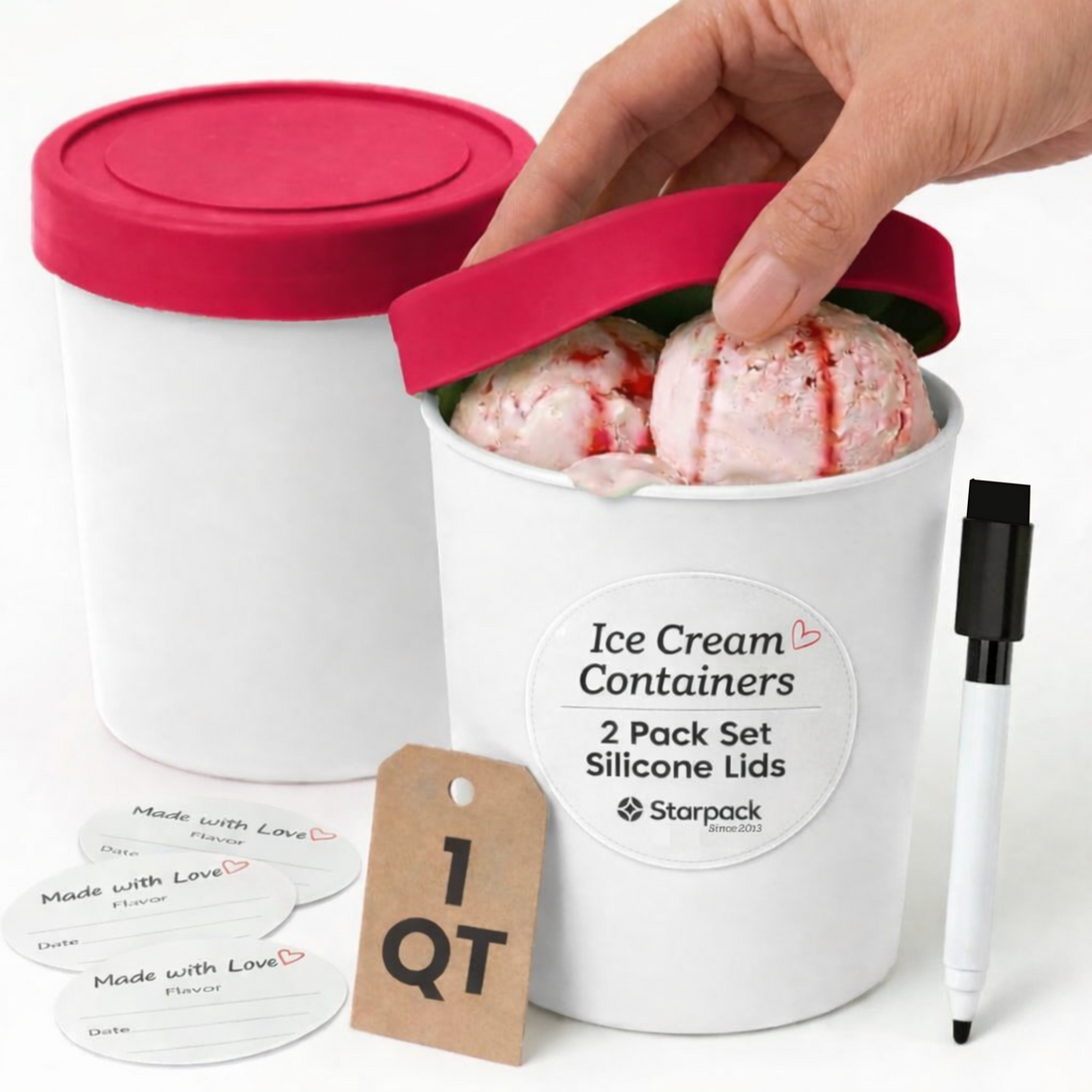 Starpack silicone replacement lids for 1-quart ice cream containers with a frost-free seal (White and Red)