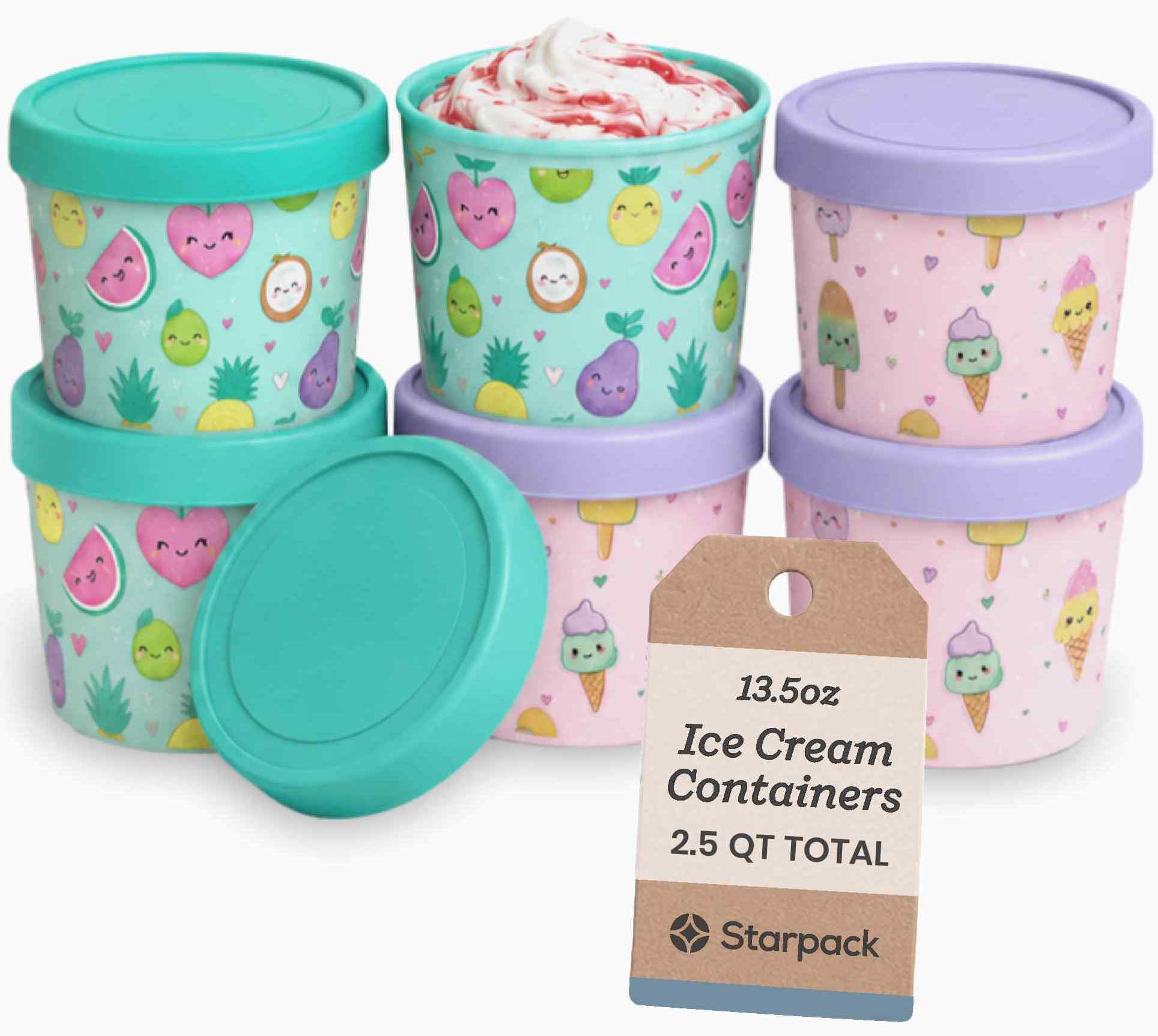 Freeze the Day | Ice Cream Freezer Container 13.5oz Set of 6 | Kawaii Pink & Green