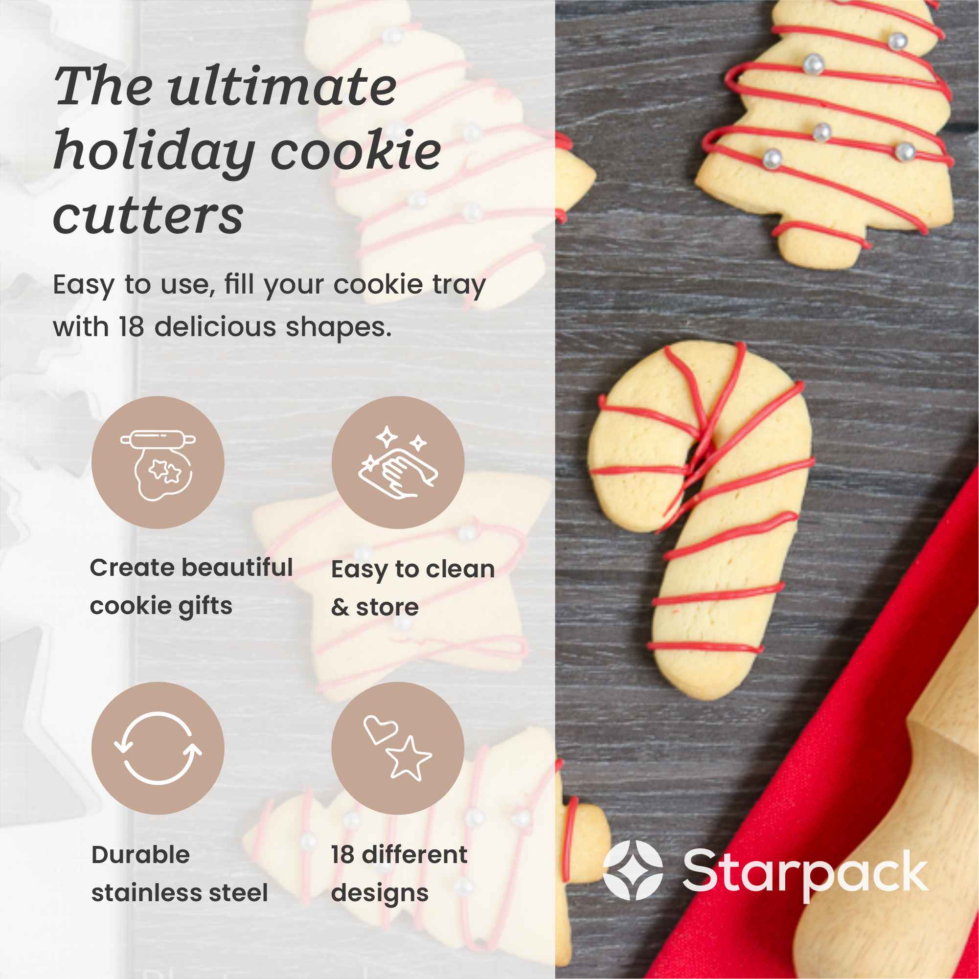 Starpack Christmas cookie cutters with various festive shapes, perfect for creating themed cookies for holiday celebrations