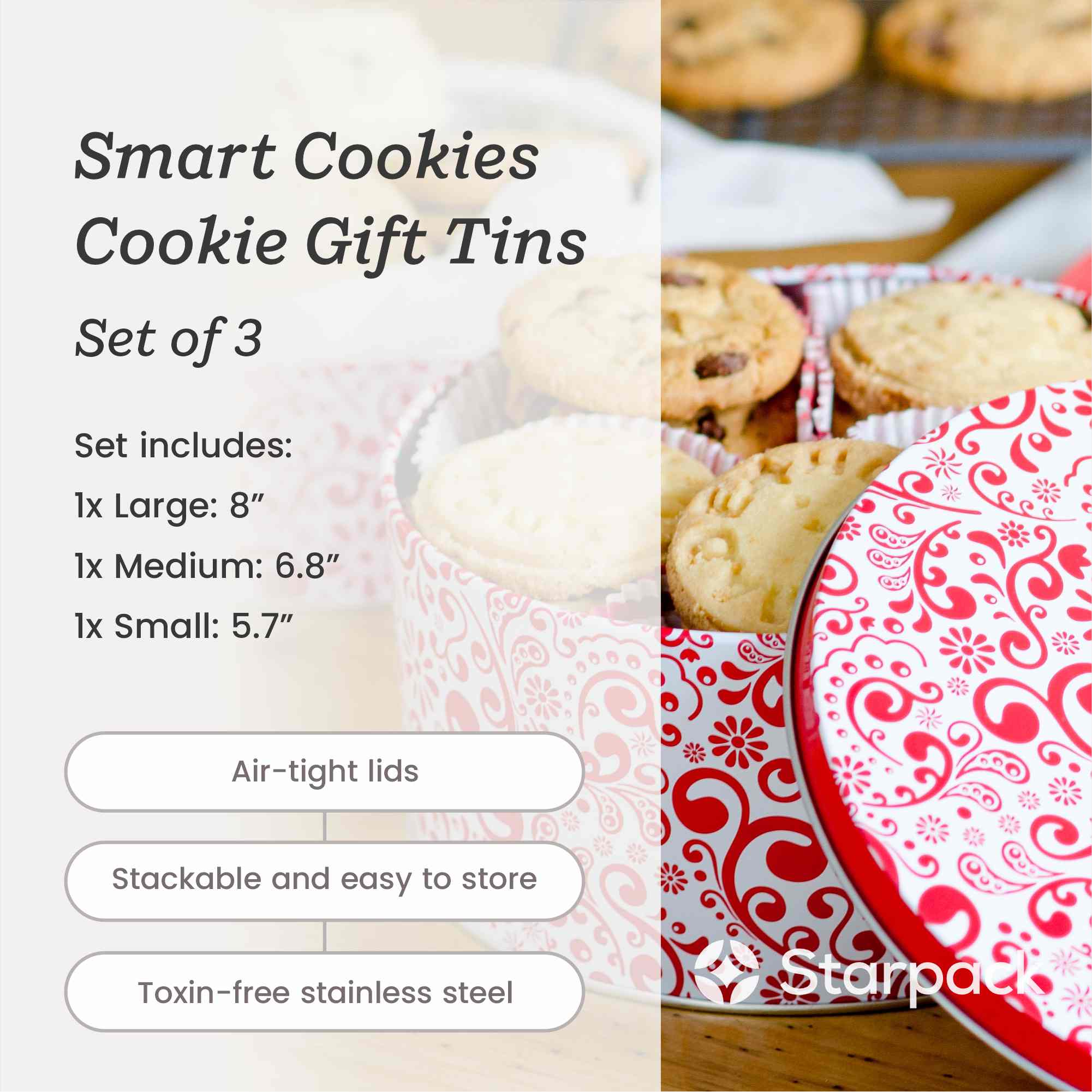 Starpack 3-pack cookie tins with festive designs, perfect for storing and gifting homemade cookies.