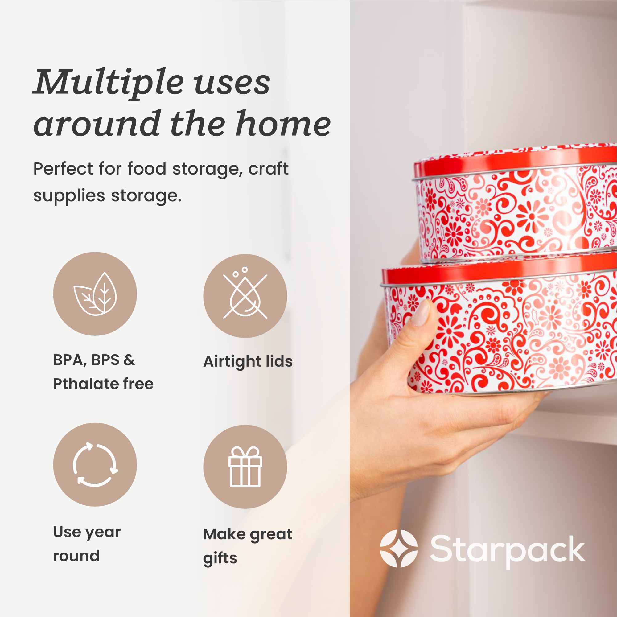 Starpack 3-pack cookie tins with festive designs, perfect for storing and gifting homemade cookies.