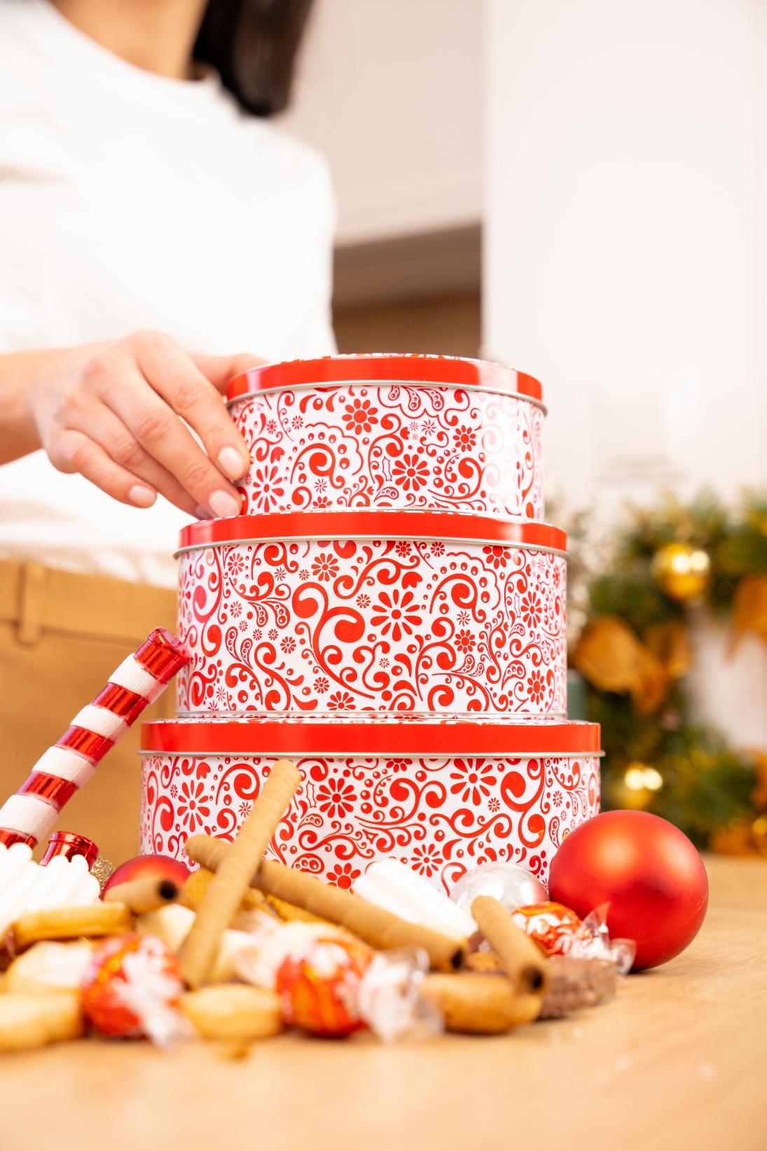 Starpack 3-pack cookie tins with festive designs, perfect for storing and gifting homemade cookies