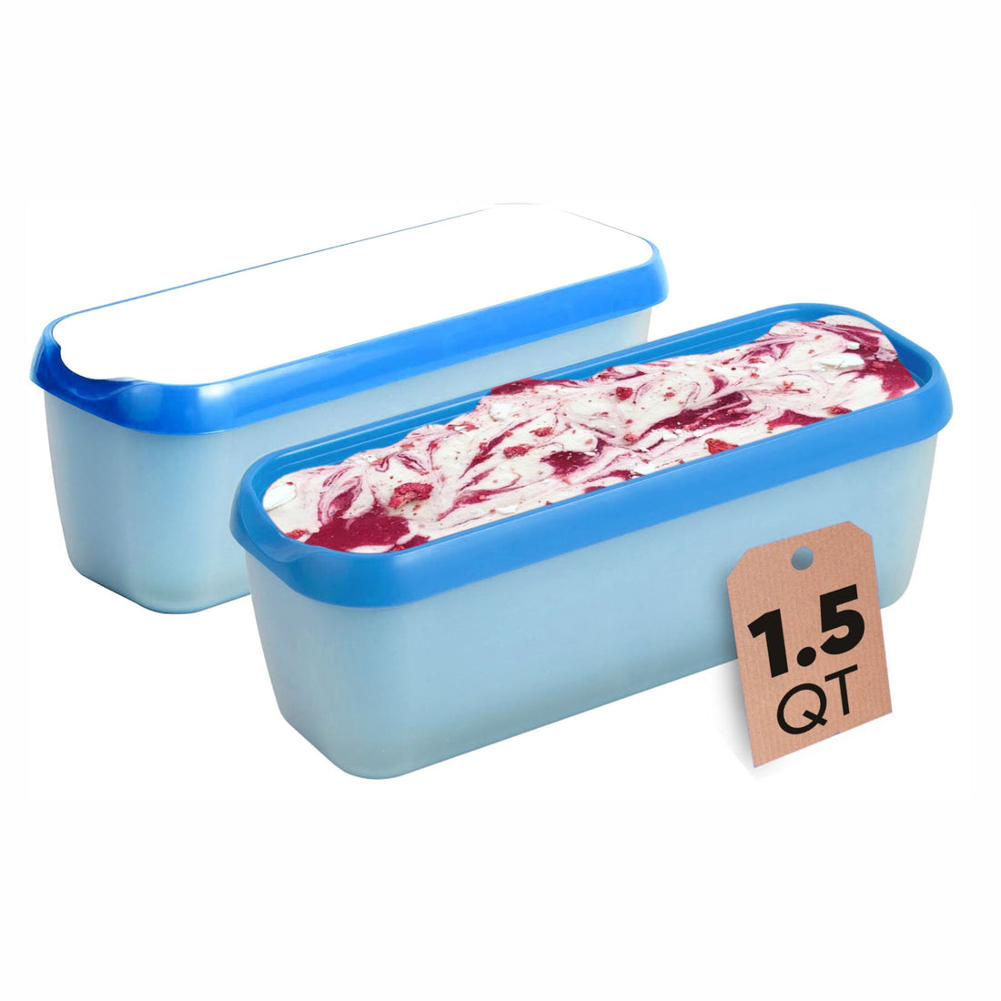 Starpack ice cream freezer storage containers with colorful, leak-proof silicone lids, designed for easy stacking and frost-free storage.