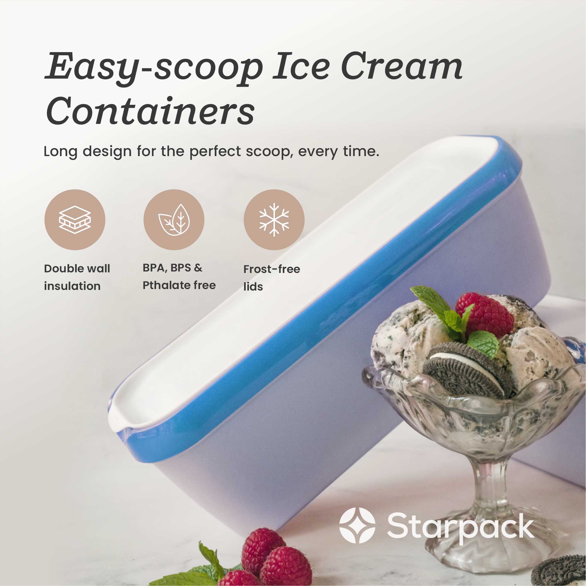 Starpack ice cream freezer storage containers with colorful, leak-proof silicone lids, designed for easy stacking and frost-free storage.