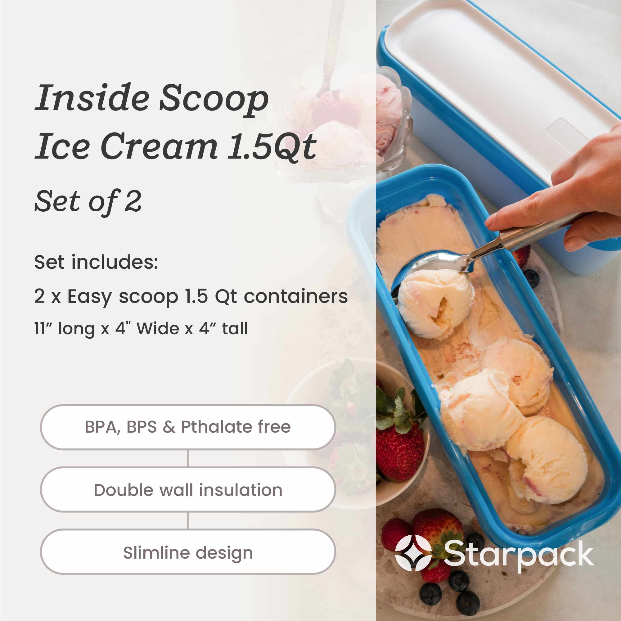 Starpack ice cream freezer storage containers with colorful, leak-proof silicone lids, designed for easy stacking and frost-free storage.
