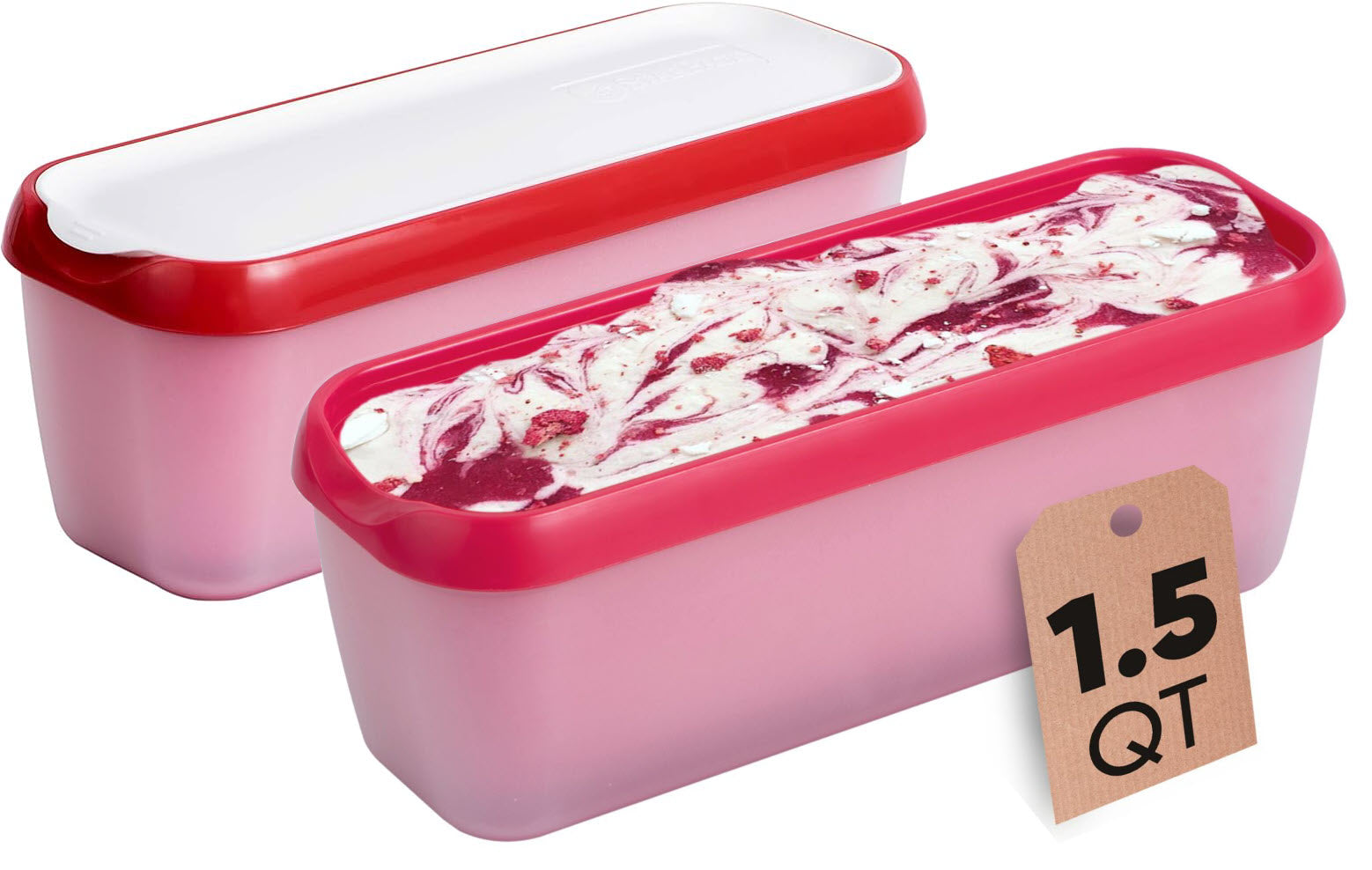 Starpack ice cream freezer storage containers with colorful, leak-proof silicone lids, designed for easy stacking and frost-free storage.