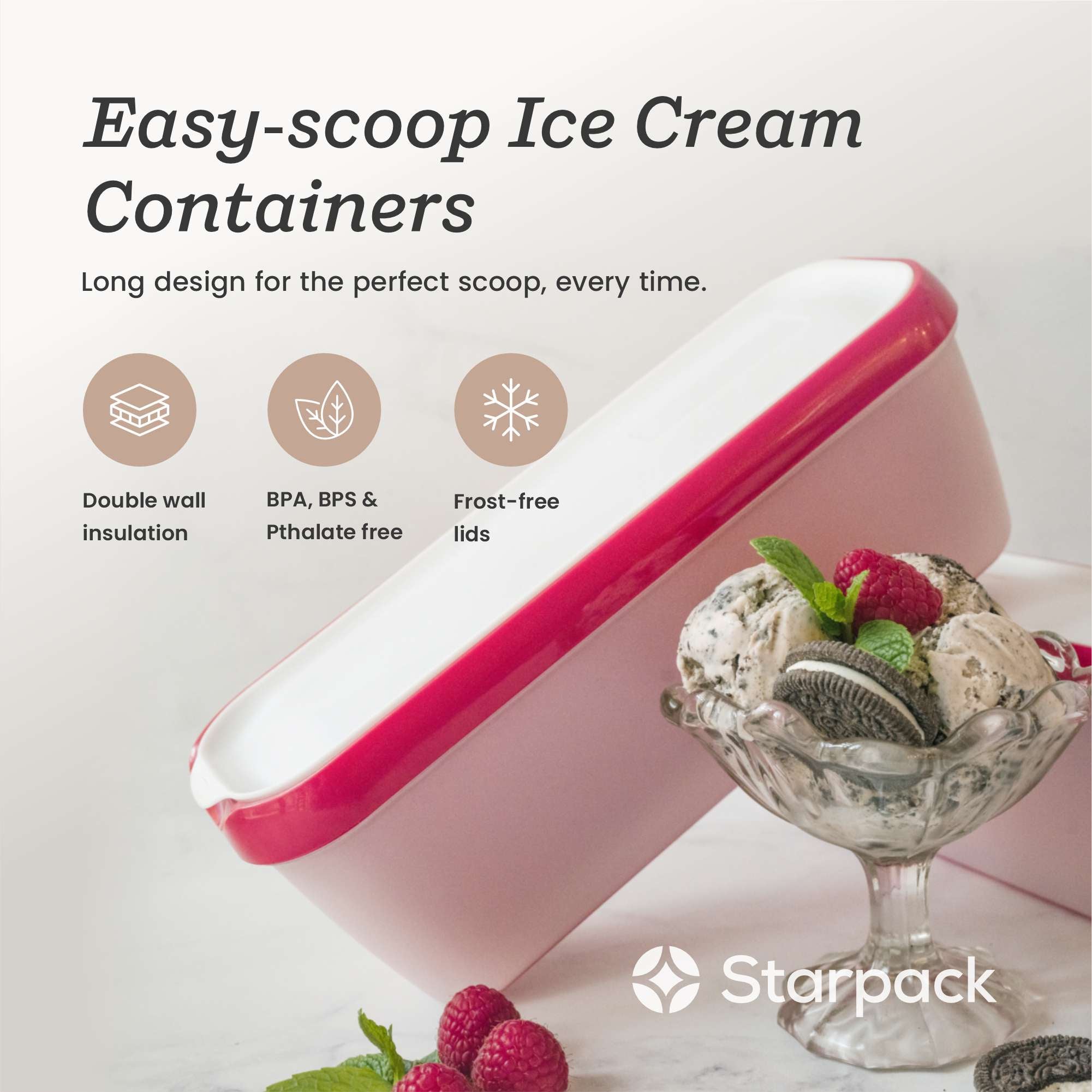 Starpack ice cream freezer storage containers with colorful, leak-proof silicone lids, designed for easy stacking and frost-free storage.