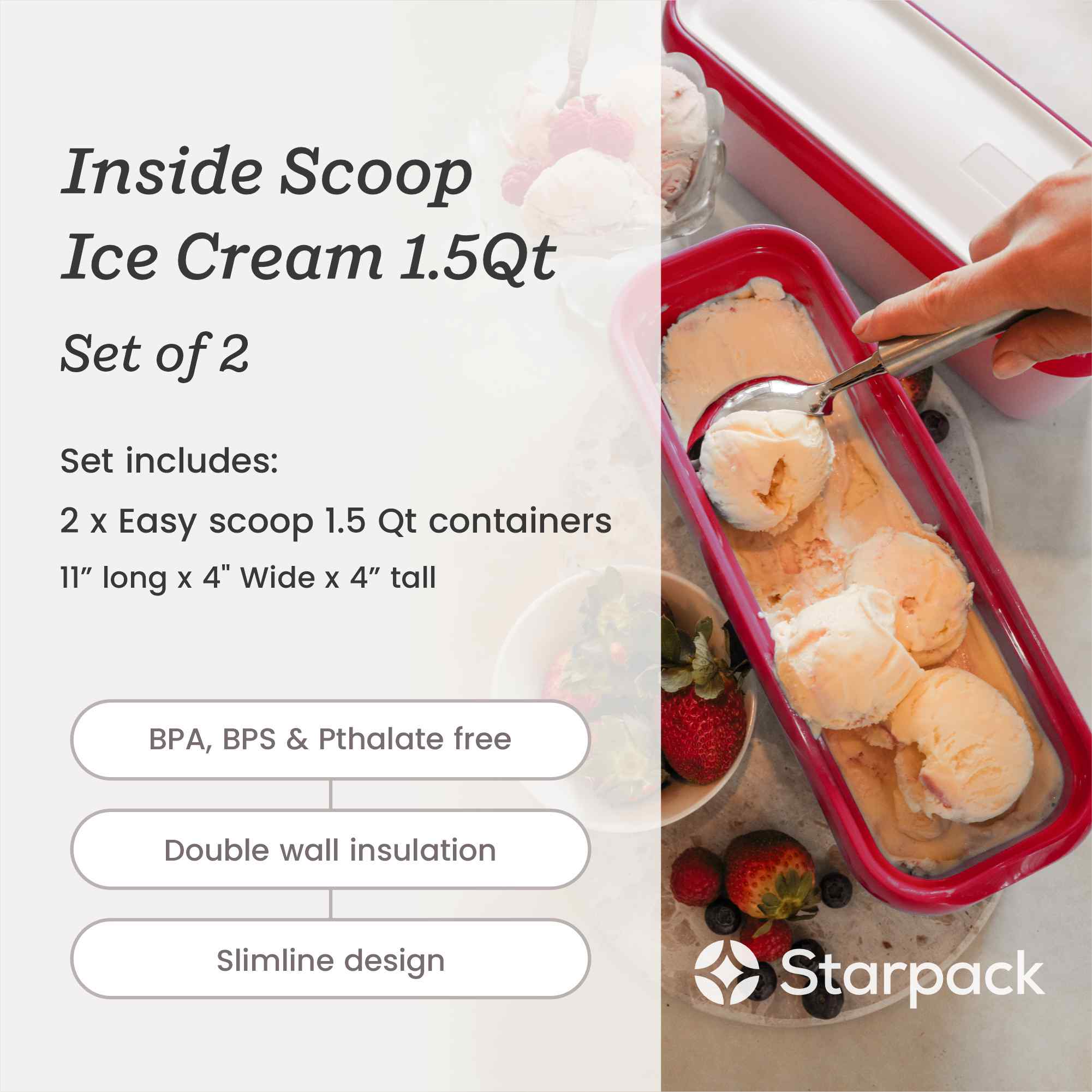 Starpack ice cream freezer storage containers with colorful, leak-proof silicone lids, designed for easy stacking and frost-free storage.