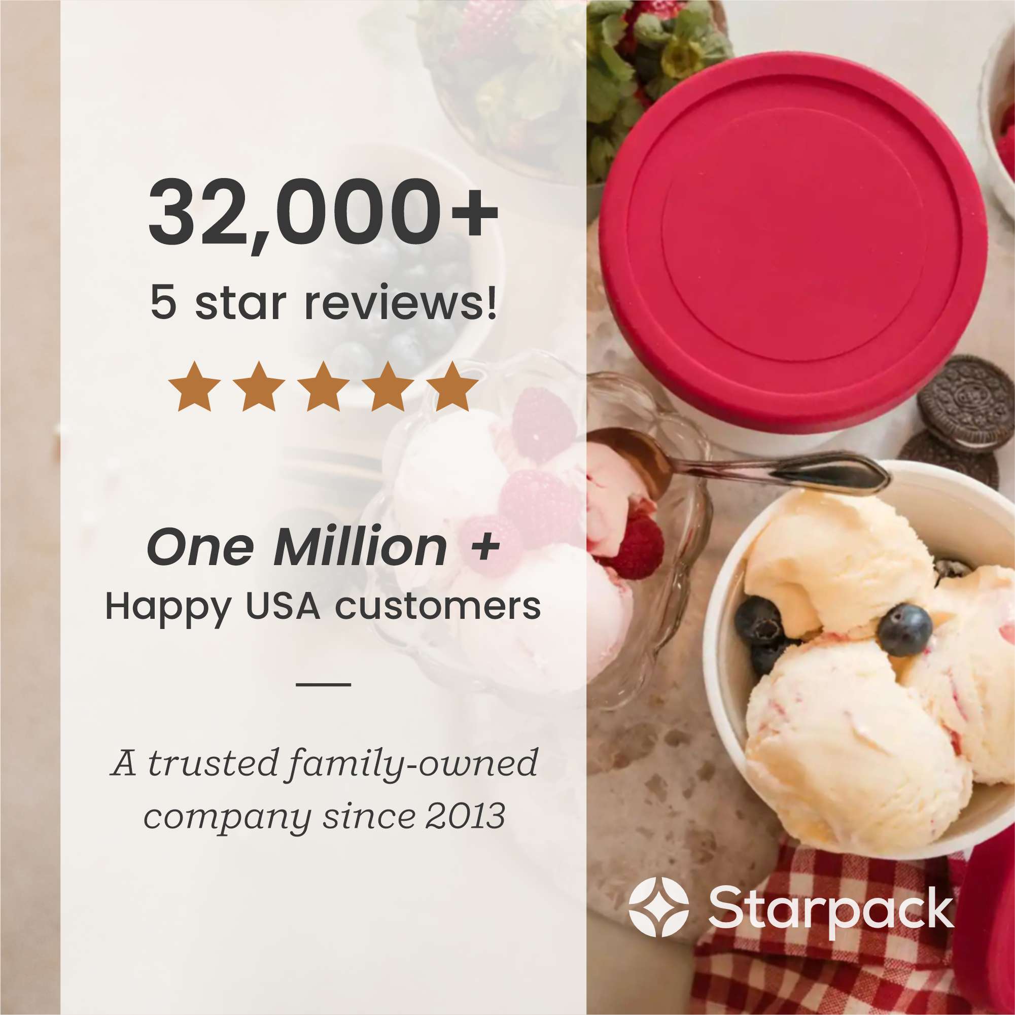 Starpack ice cream freezer storage containers with colorful, leak-proof silicone lids, designed for easy stacking and frost-free storage.