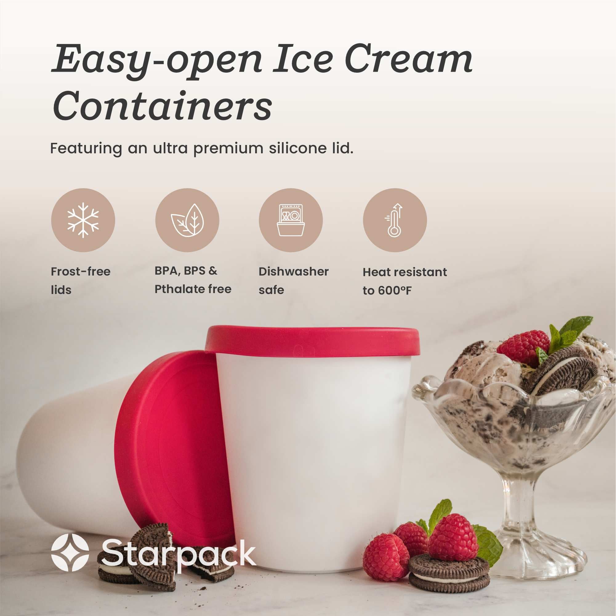 Starpack 2-pack ice cream freezer containers with colorful silicone lids, featuring a frost-free and leak-proof design, perfect for storing homemade ice cream.