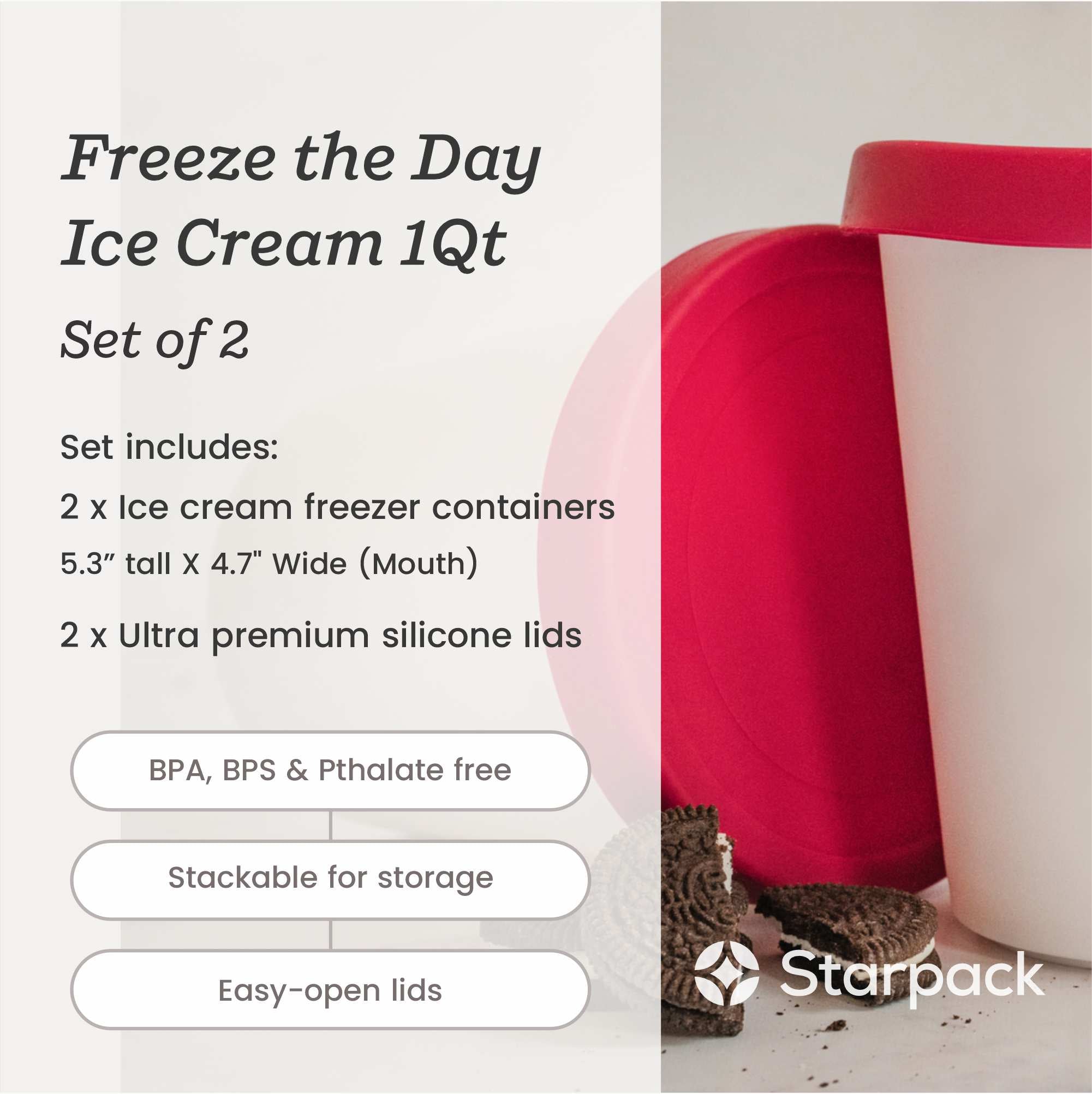 Starpack 2-pack ice cream freezer containers with colorful silicone lids, featuring a frost-free and leak-proof design, perfect for storing homemade ice cream.