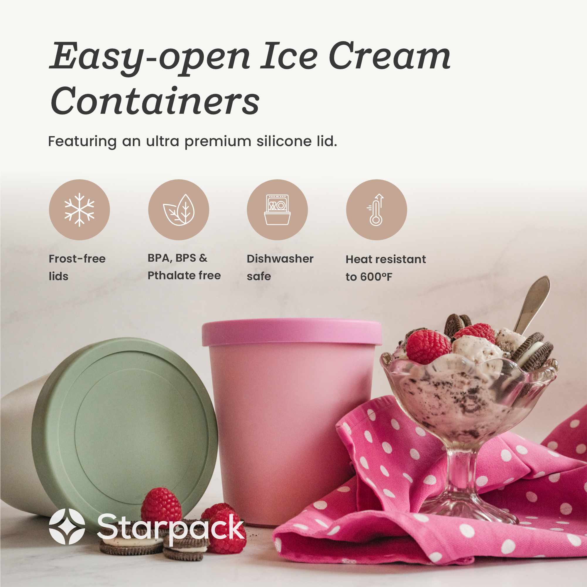 Starpack 2-pack ice cream freezer containers with colorful silicone lids, featuring a frost-free and leak-proof design, perfect for storing homemade ice cream.