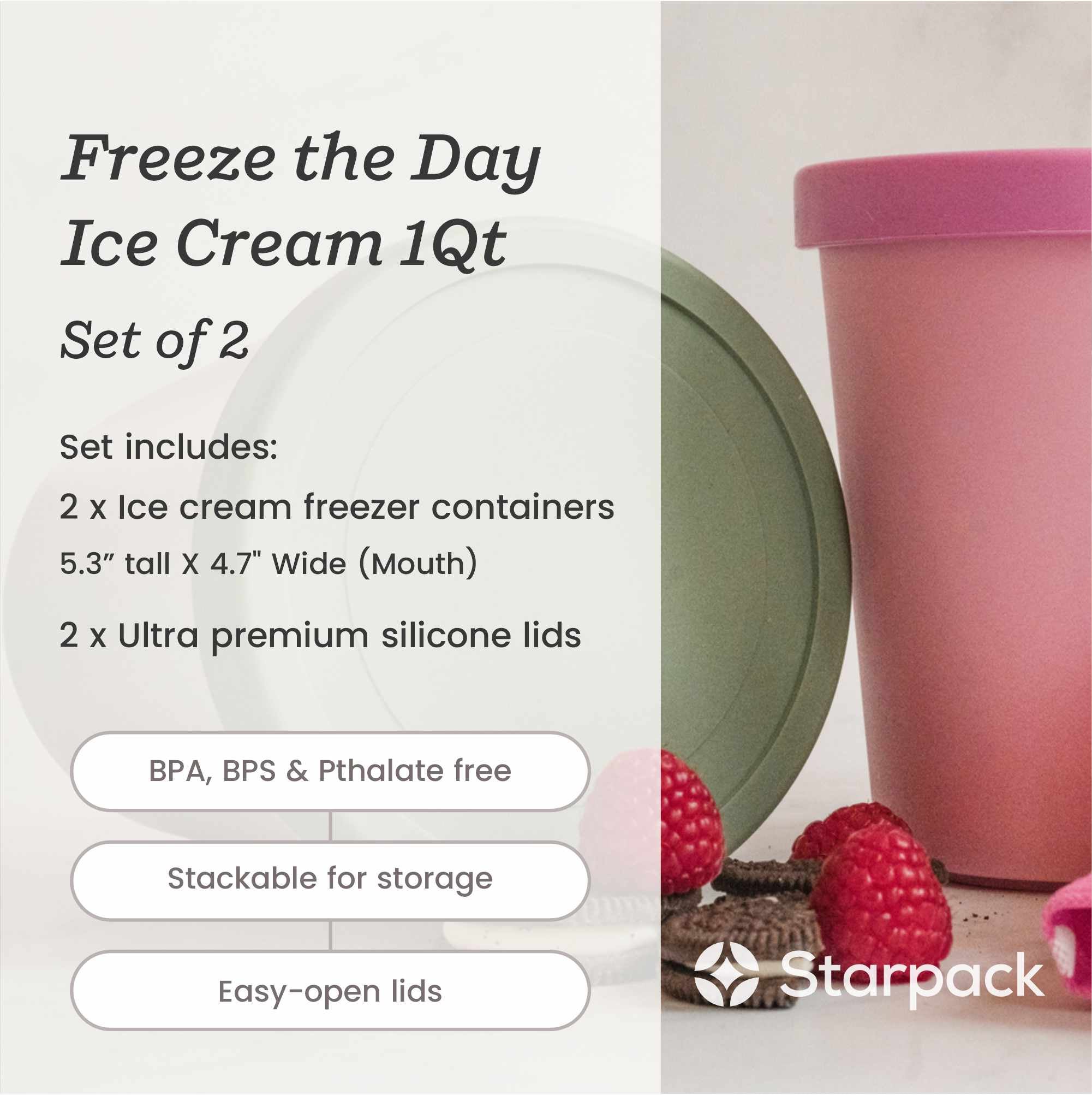 Starpack 2-pack ice cream freezer containers with colorful silicone lids, featuring a frost-free and leak-proof design, perfect for storing homemade ice cream.