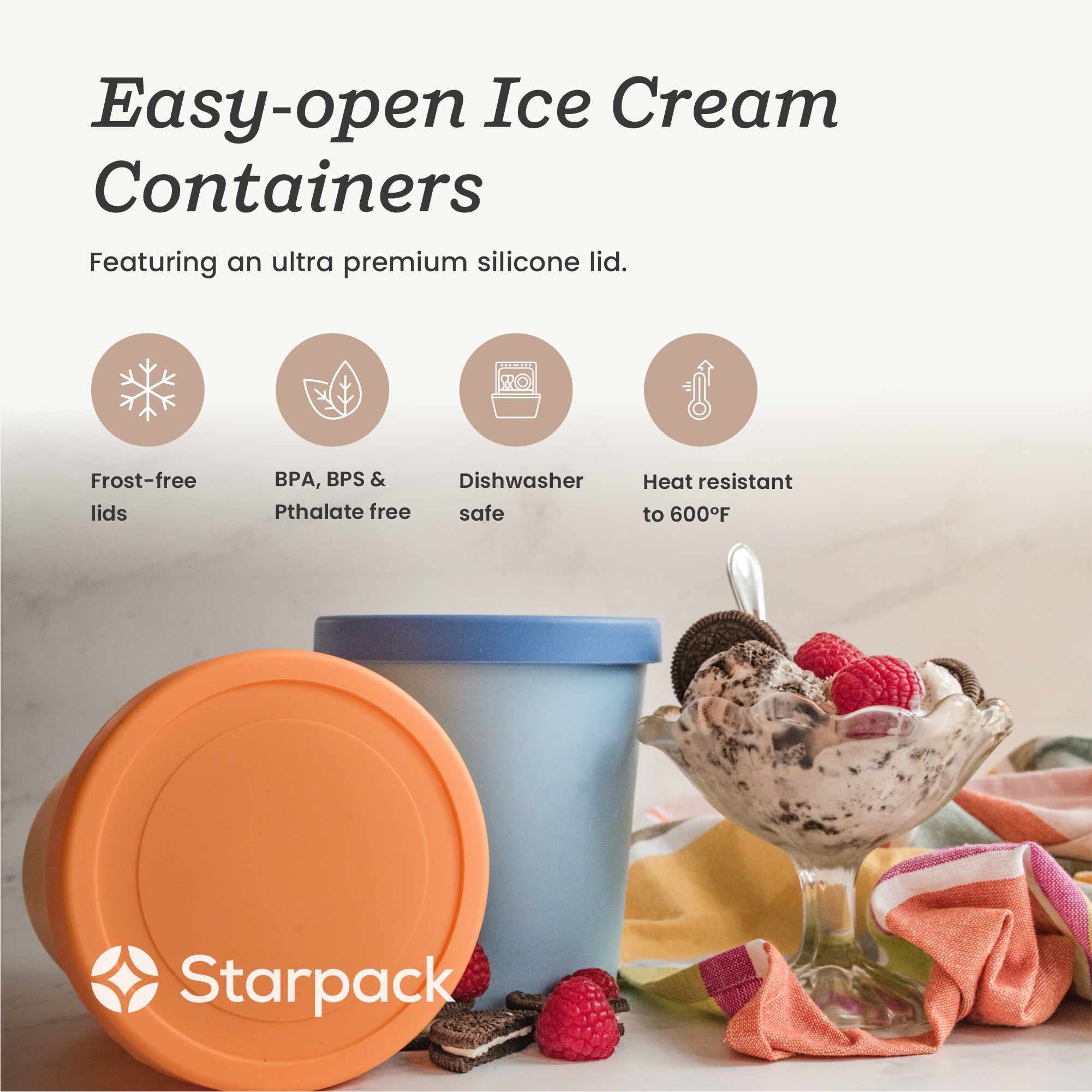 Starpack 2-pack ice cream freezer containers with colorful silicone lids, featuring a frost-free and leak-proof design, perfect for storing homemade ice cream.