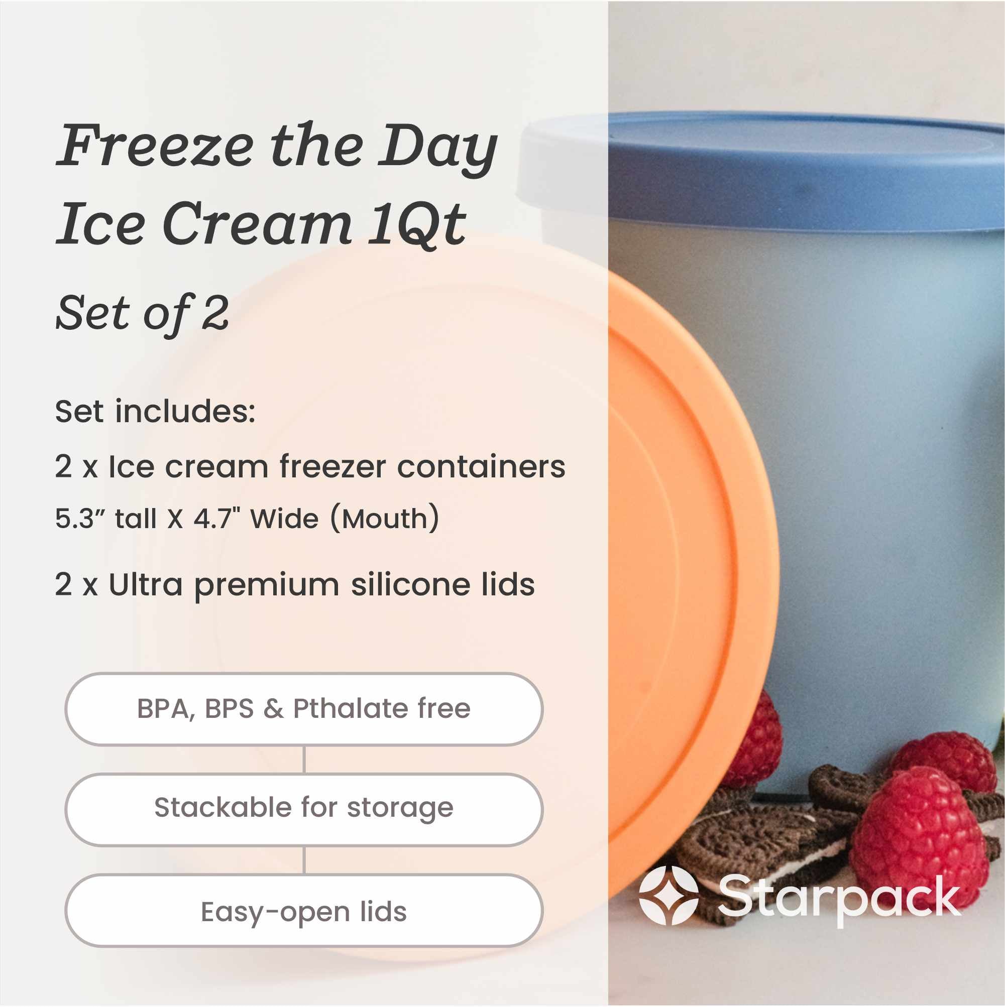 Starpack 2-pack ice cream freezer containers with colorful silicone lids, featuring a frost-free and leak-proof design, perfect for storing homemade ice cream.