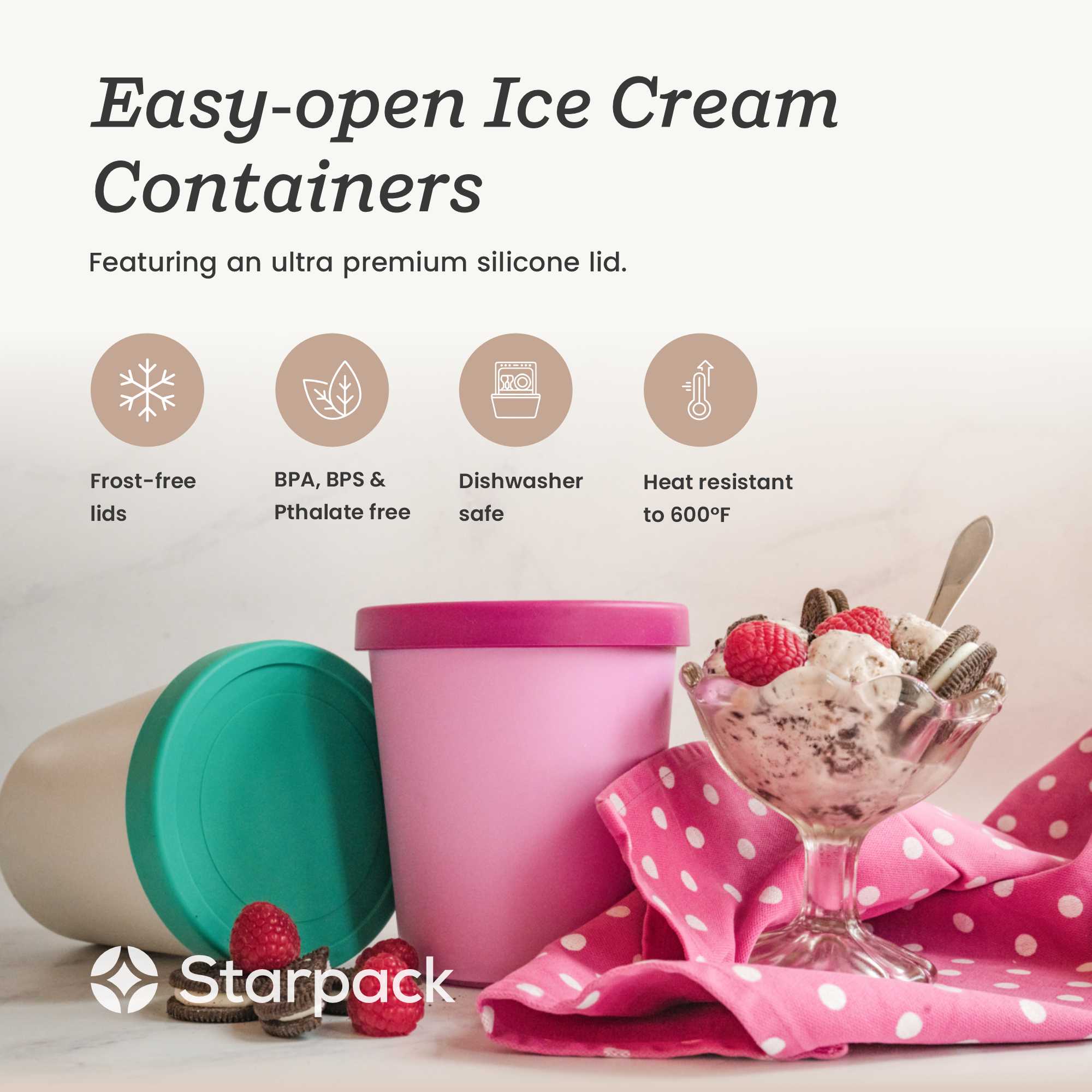 Starpack 2-pack ice cream freezer containers with colorful silicone lids, featuring a frost-free and leak-proof design, perfect for storing homemade ice cream.