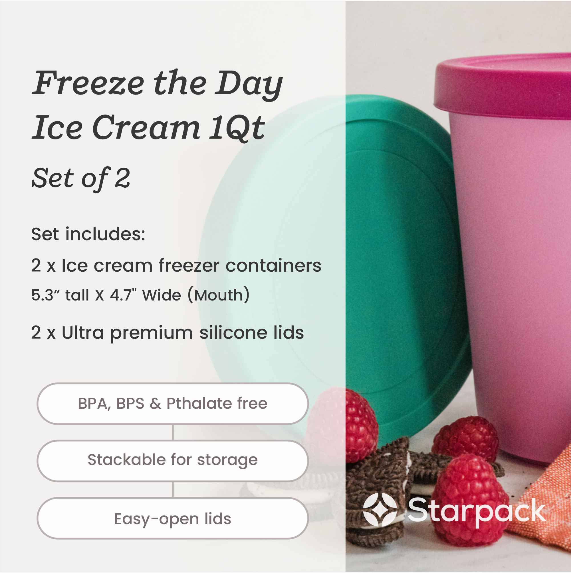 Starpack 2-pack ice cream freezer containers with colorful silicone lids, featuring a frost-free and leak-proof design, perfect for storing homemade ice cream.