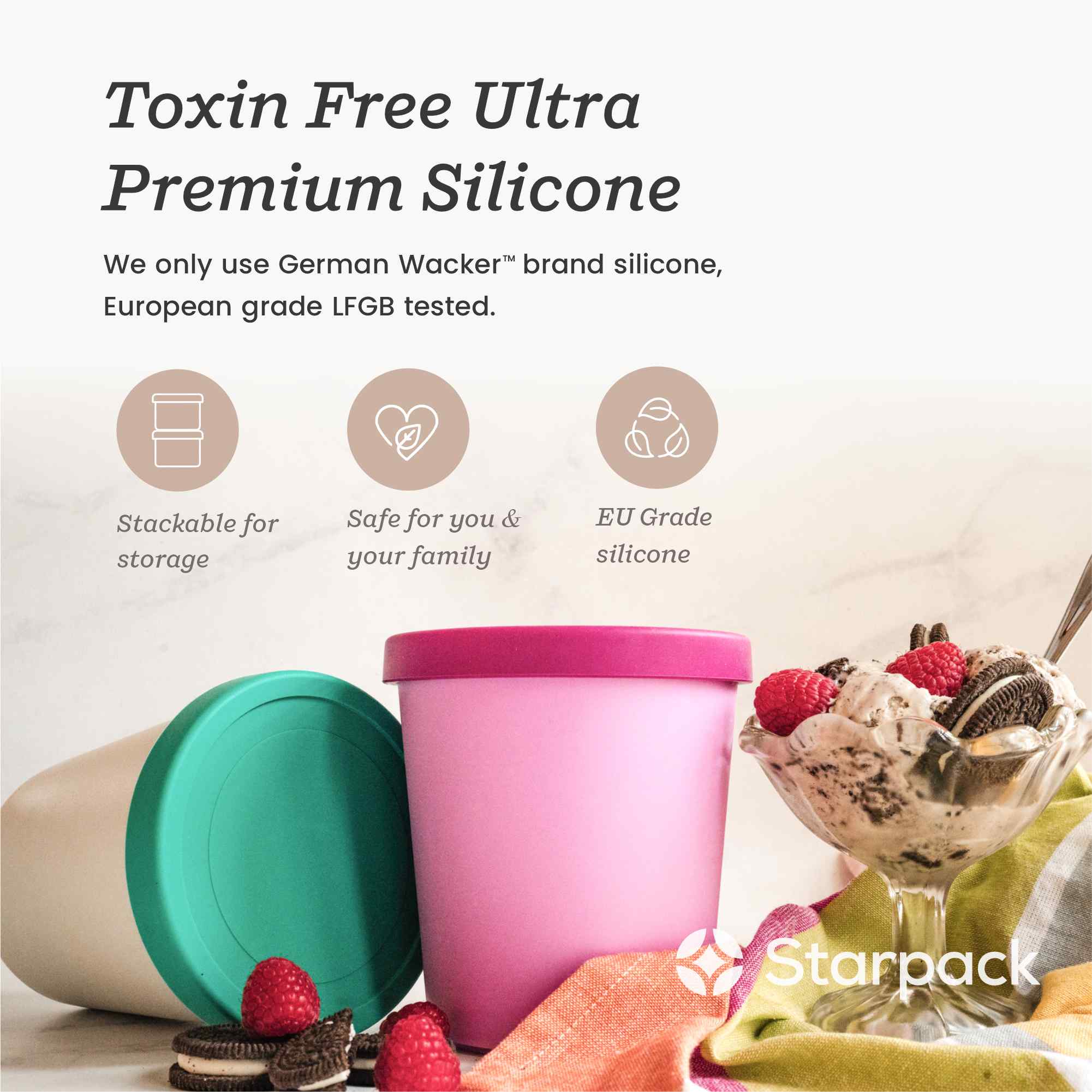 Starpack 2-pack ice cream freezer containers with colorful silicone lids, featuring a frost-free and leak-proof design, perfect for storing homemade ice cream.
