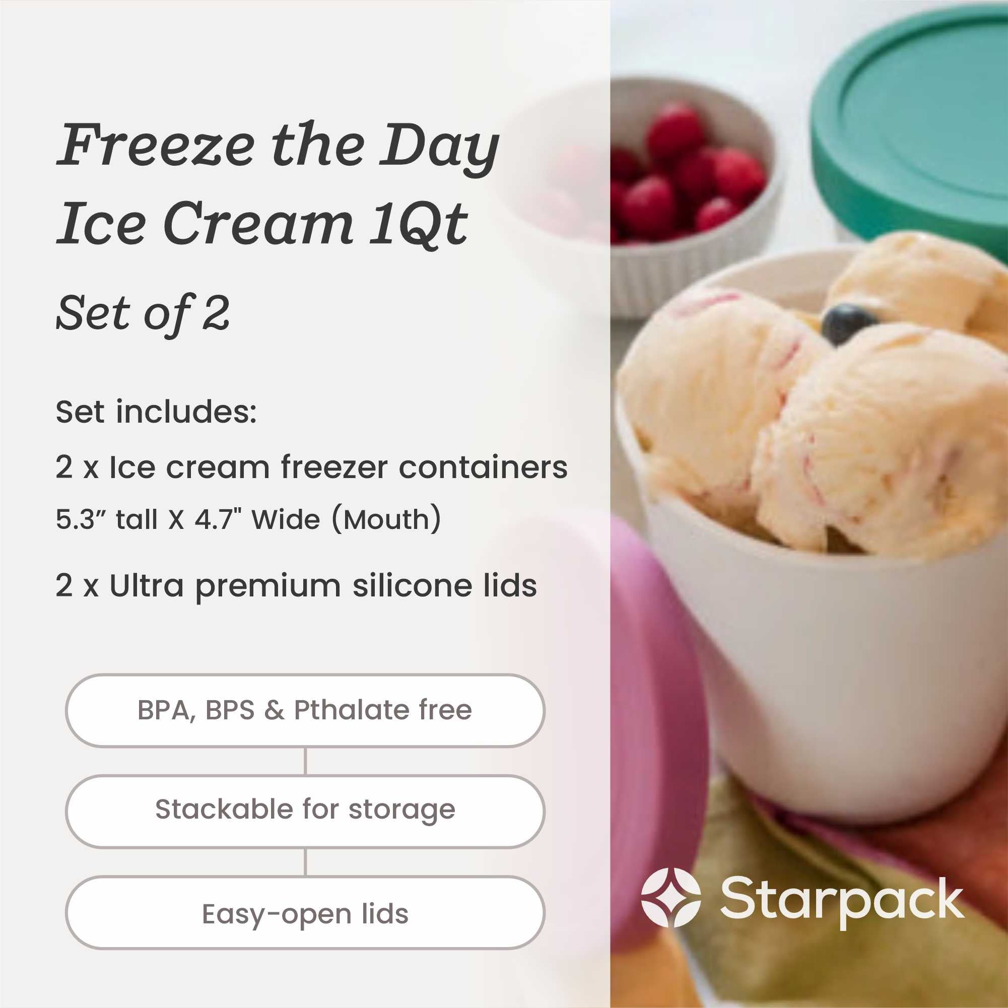 Freeze the Day | Ice Cream Freezer Container 1Qt Set of 2