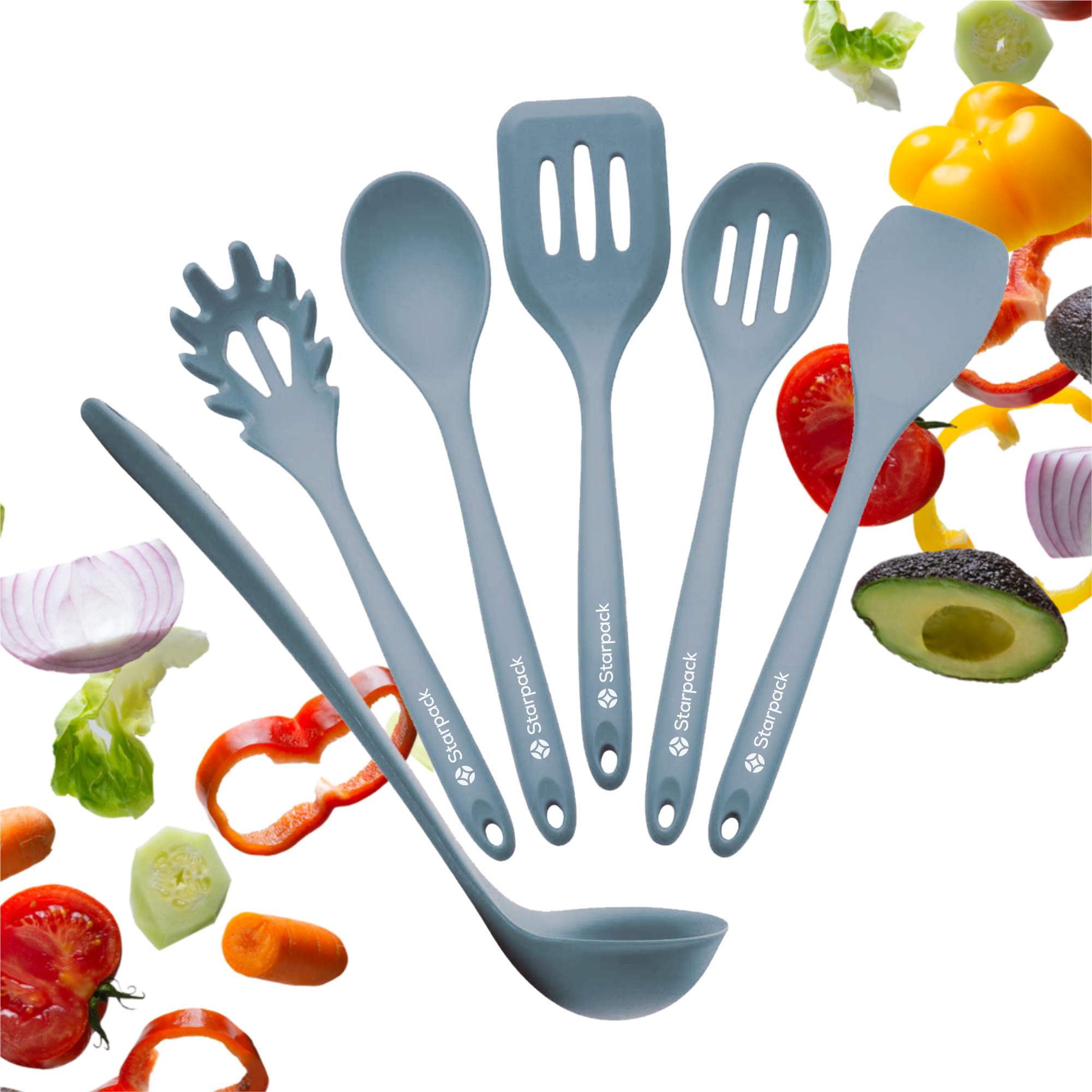 Starpack extra-large kitchen utensils set with silicone heads and sturdy handles, ideal for a variety of cooking tasks.