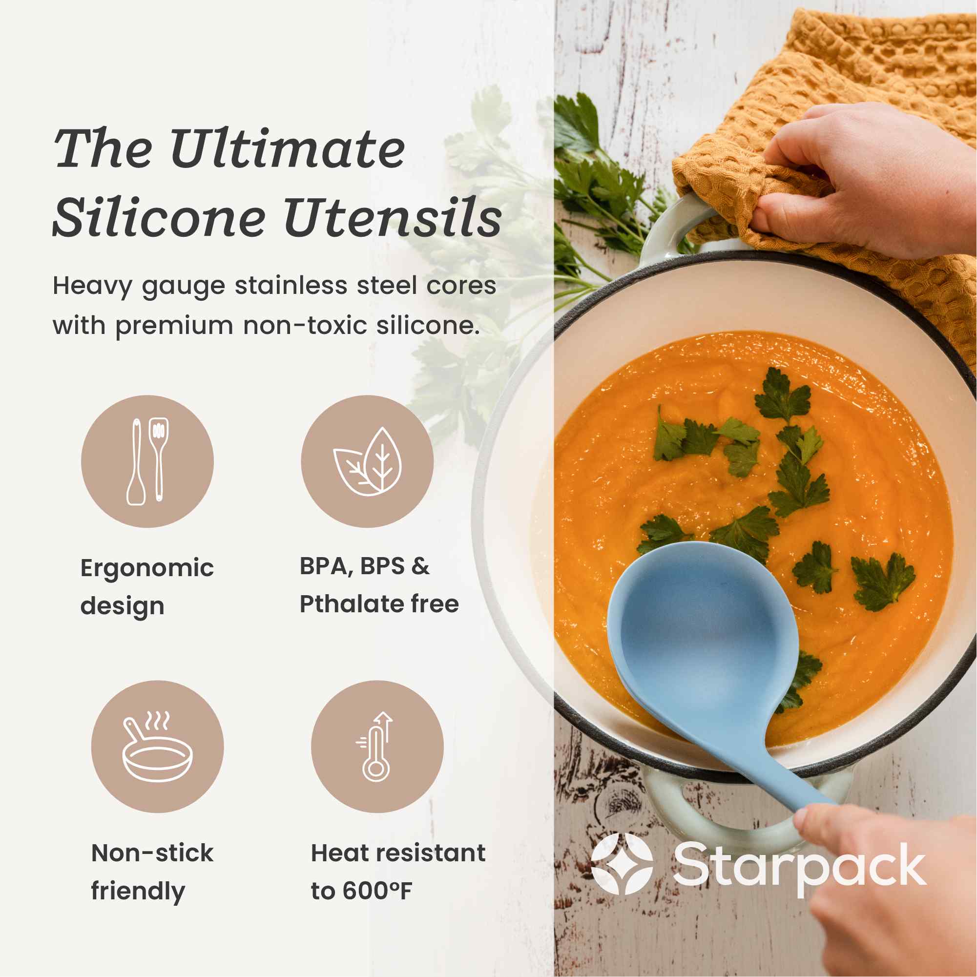 Starpack extra-large kitchen utensils set with silicone heads and sturdy handles, ideal for a variety of cooking tasks.