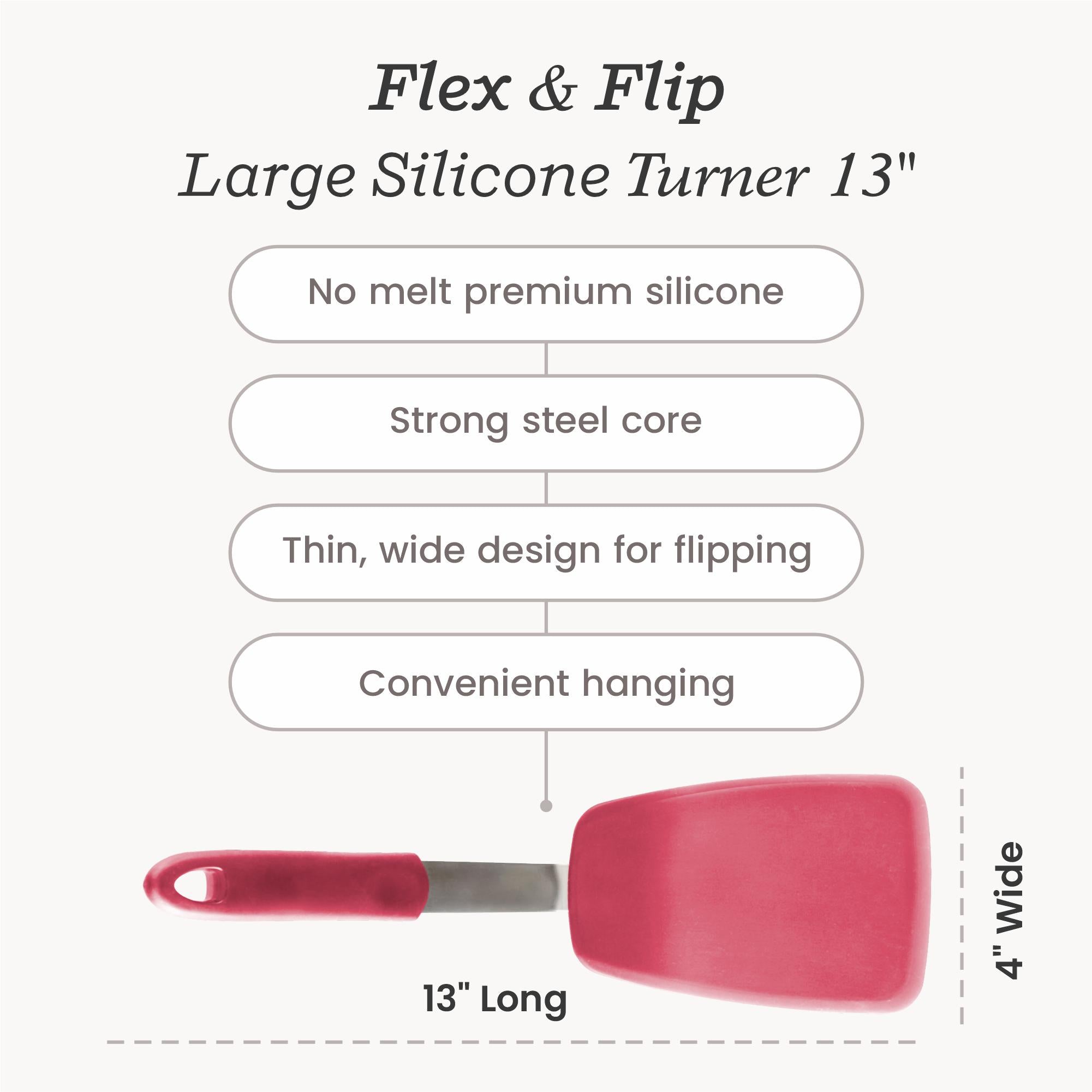 Starpack large flex turner with a flexible, heat-resistant silicone head and a sturdy handle, perfect for flipping and serving larger portions.