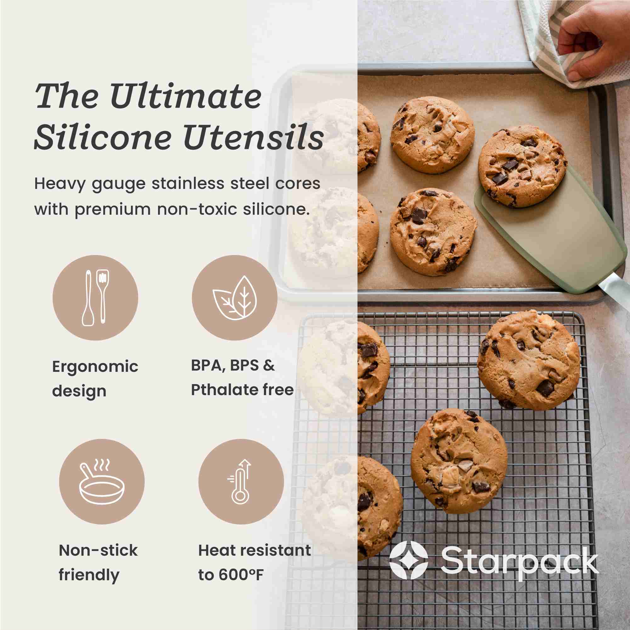 Starpack large flex turner with a flexible, heat-resistant silicone head and a sturdy handle, perfect for flipping and serving larger portions.