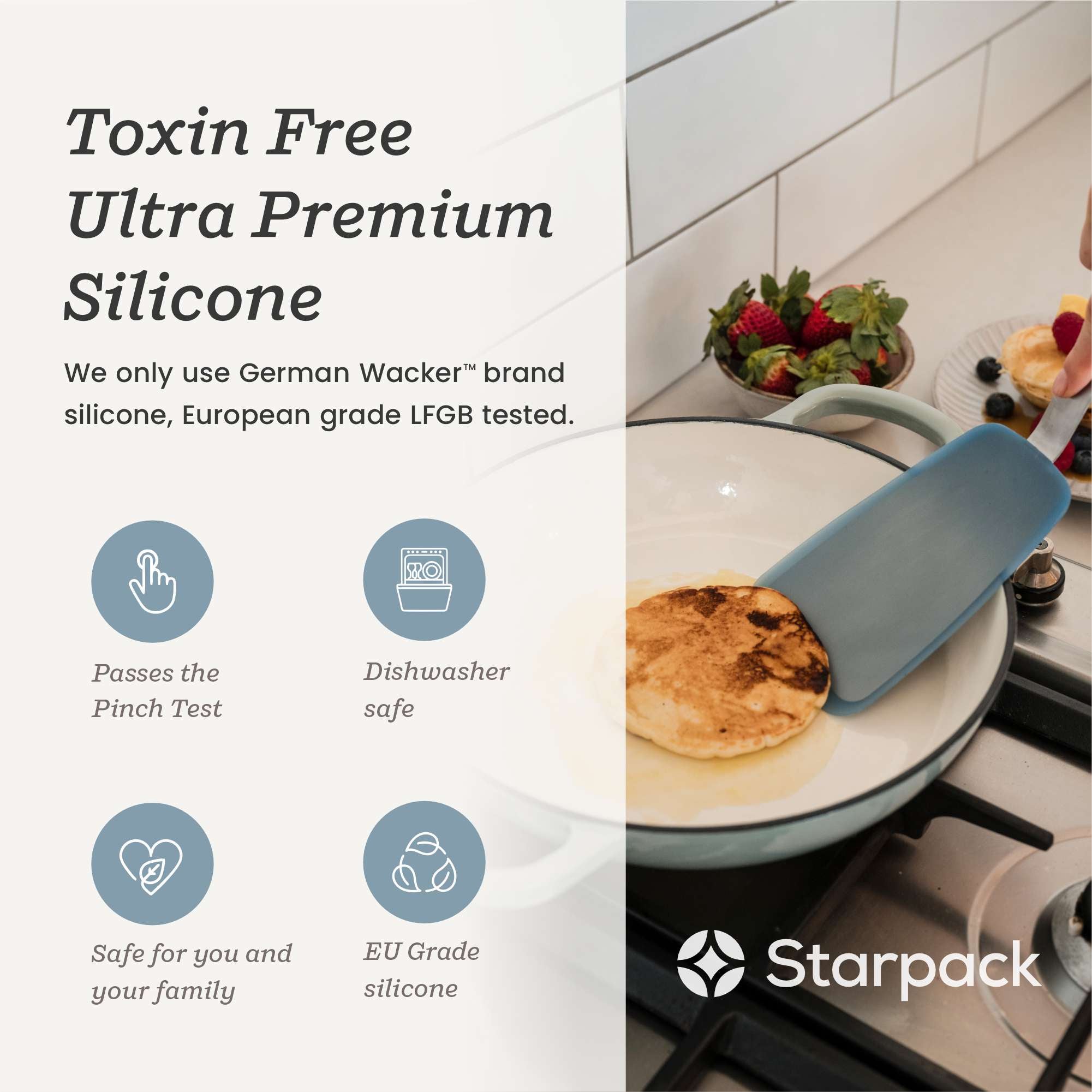 Starpack large flex turner with a flexible, heat-resistant silicone head and a sturdy handle, perfect for flipping and serving larger portions.