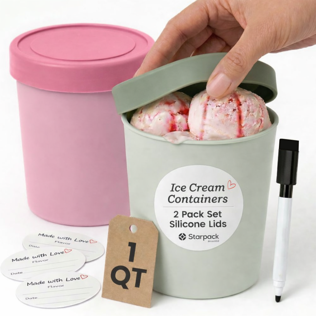 Starpack silicone replacement lids for 1-quart ice cream containers with a frost-free seal (Sage and Pink)