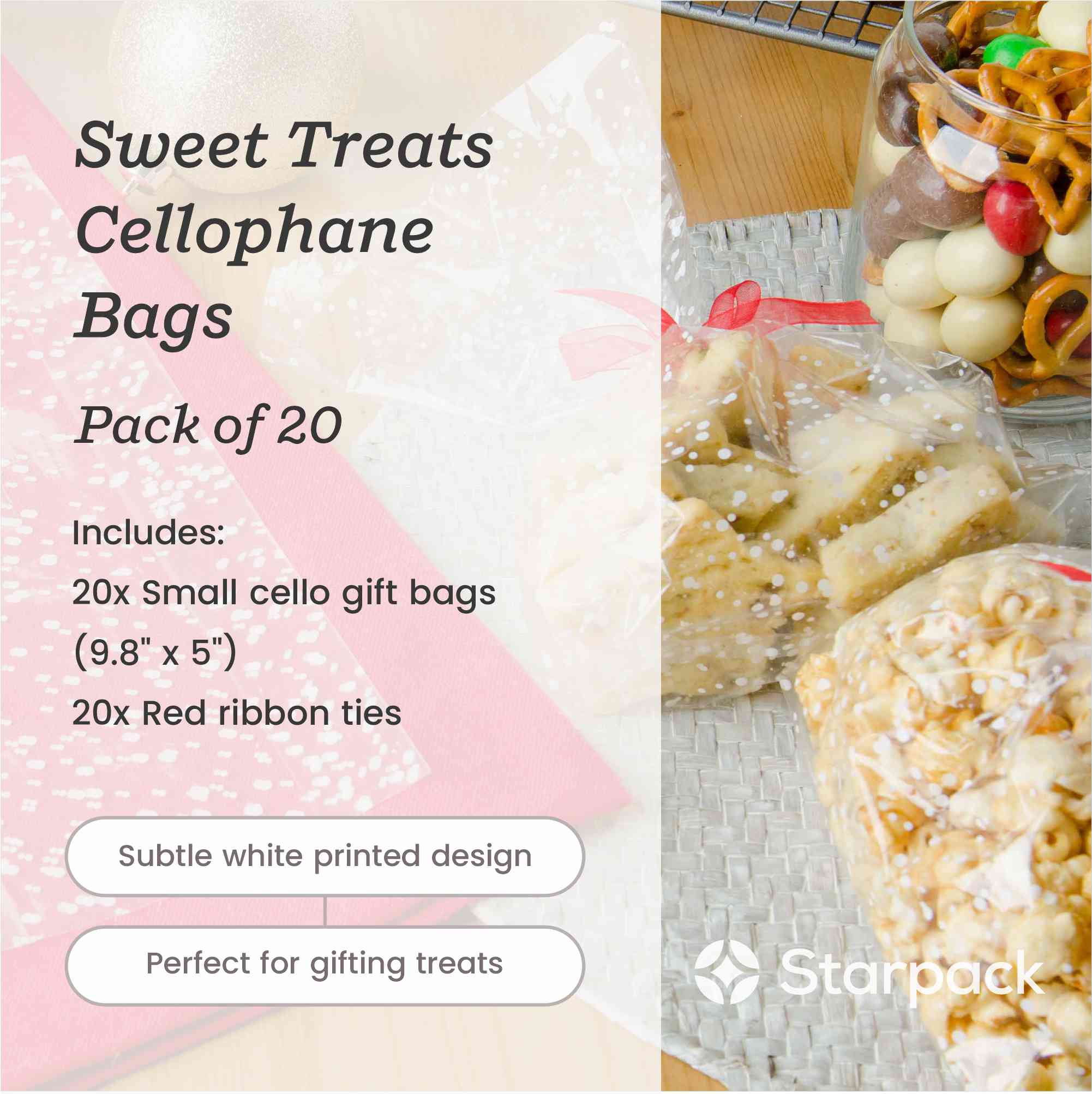 Starpack small treat bags with colorful designs, perfect for packaging and gifting small treats or party favors.