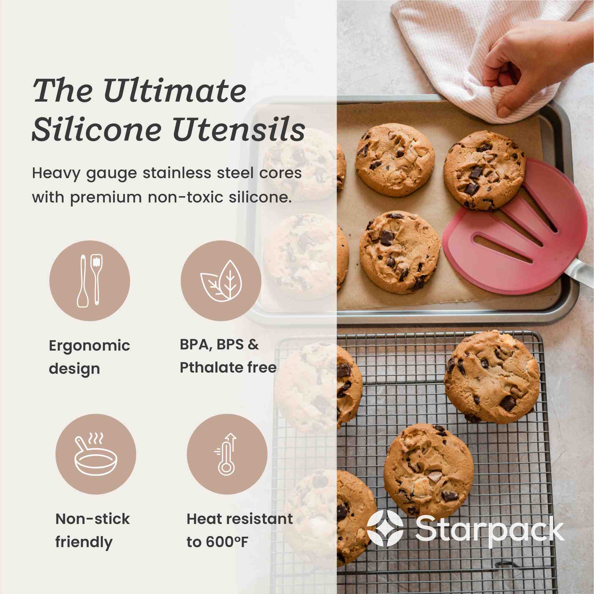 Starpack wide flex slotted turner with a flexible, heat-resistant silicone head and a sturdy handle, designed for flipping and draining larger portions