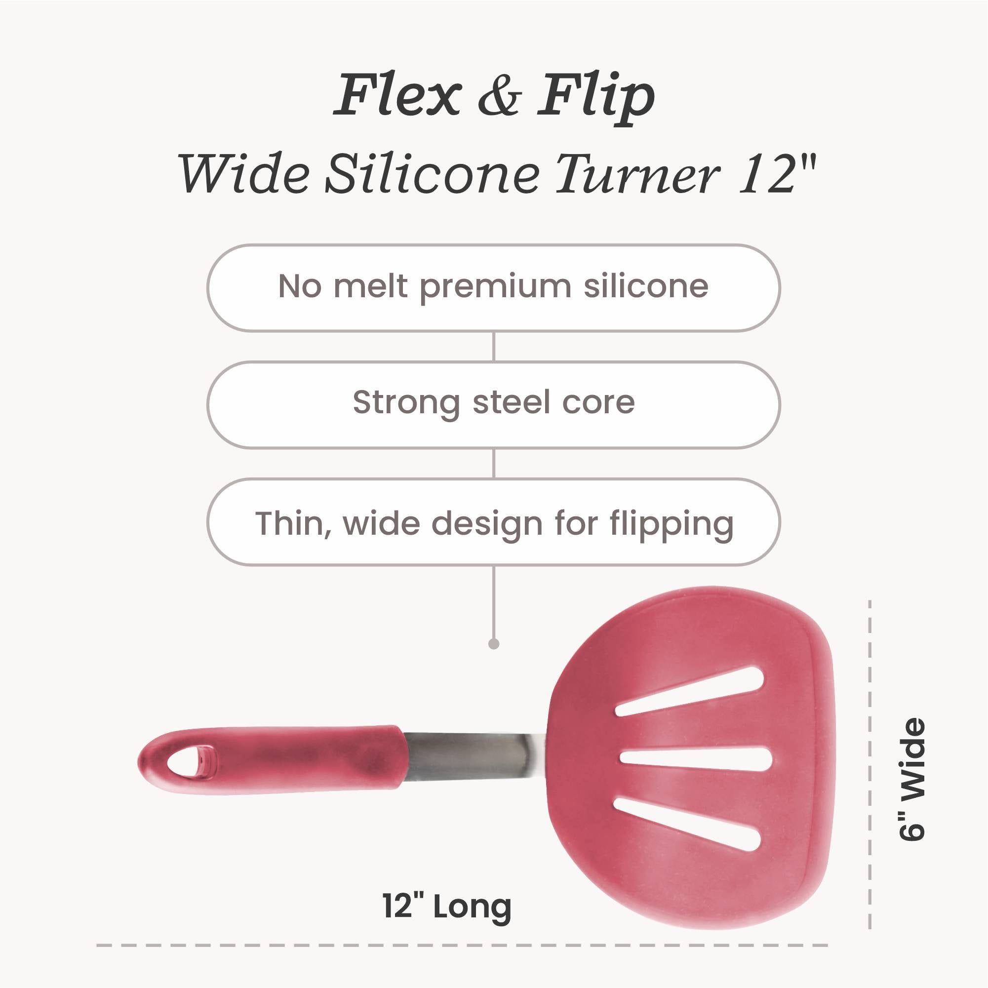 Starpack wide flex slotted turner with a flexible, heat-resistant silicone head and a sturdy handle, designed for flipping and draining larger portions