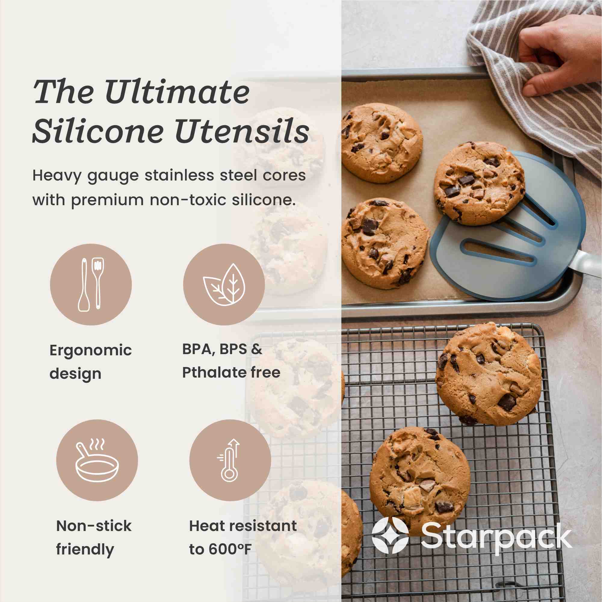 Starpack wide flex slotted turner with a flexible, heat-resistant silicone head and a sturdy handle, designed for flipping and draining larger portions