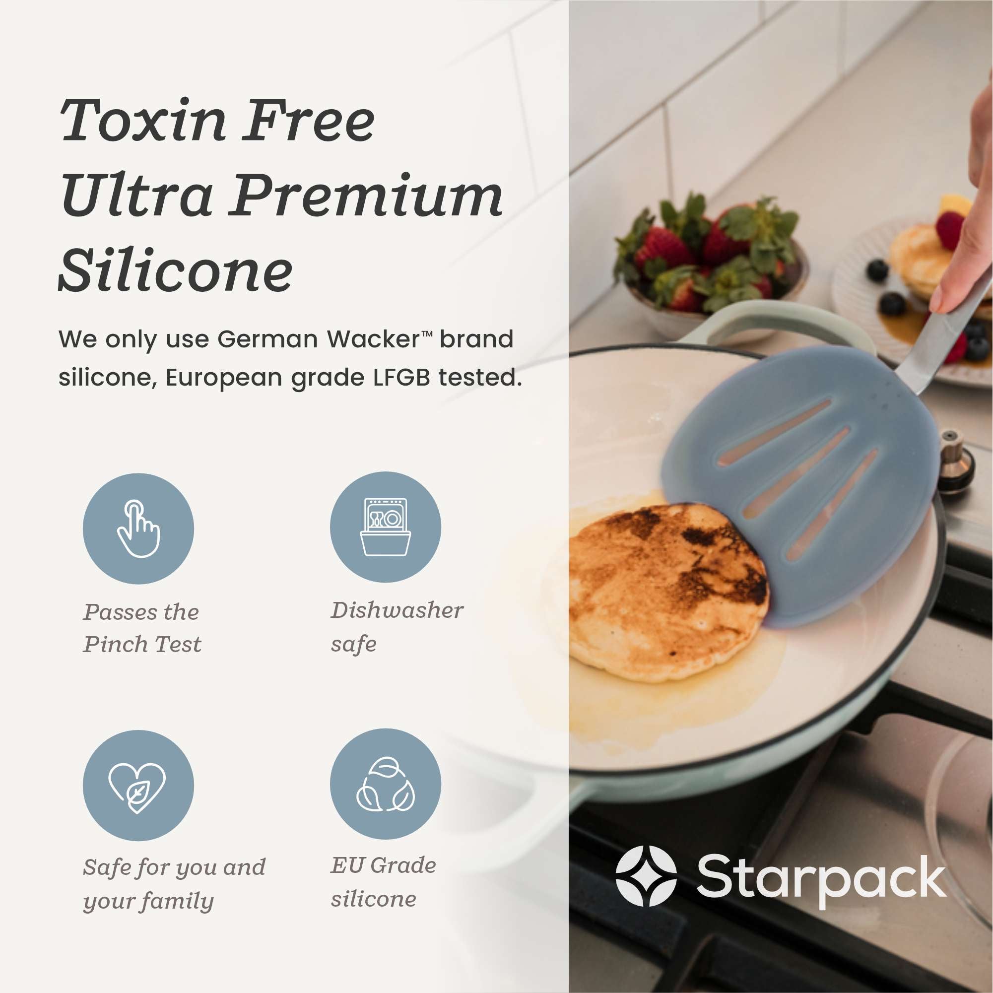 Starpack wide flex slotted turner with a flexible, heat-resistant silicone head and a sturdy handle, designed for flipping and draining larger portions