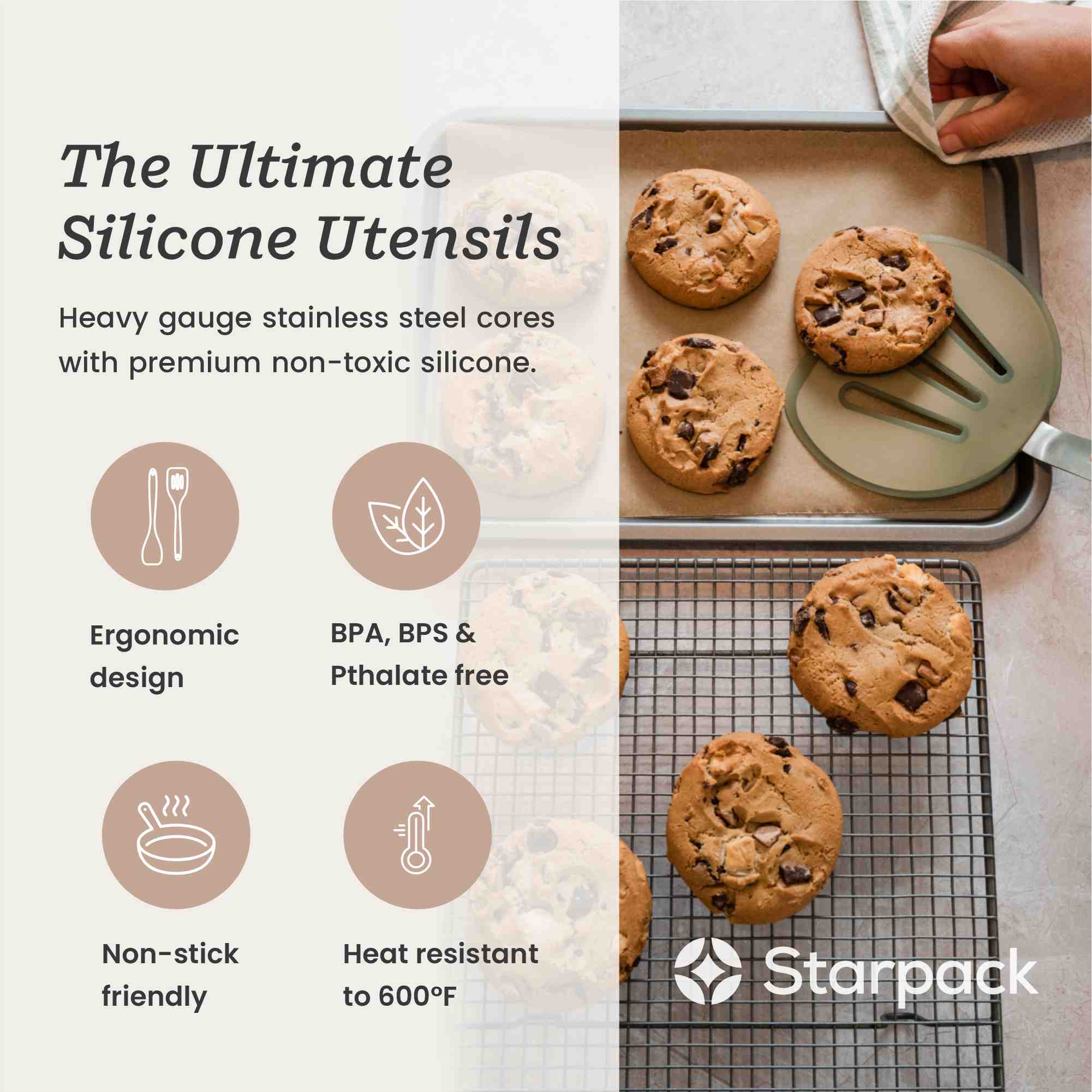 Starpack wide flex slotted turner with a flexible, heat-resistant silicone head and a sturdy handle, designed for flipping and draining larger portions