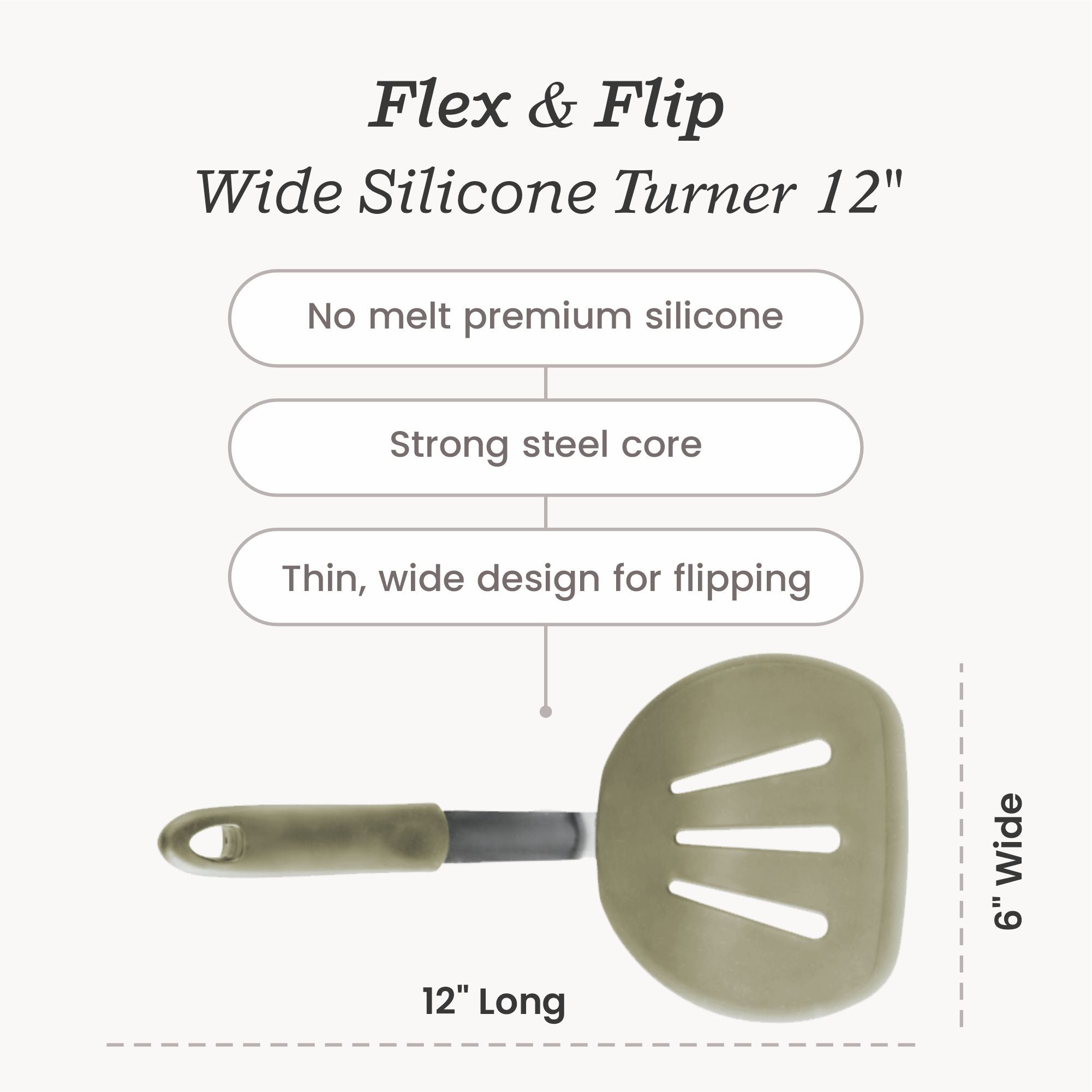 Starpack wide flex slotted turner with a flexible, heat-resistant silicone head and a sturdy handle, designed for flipping and draining larger portions