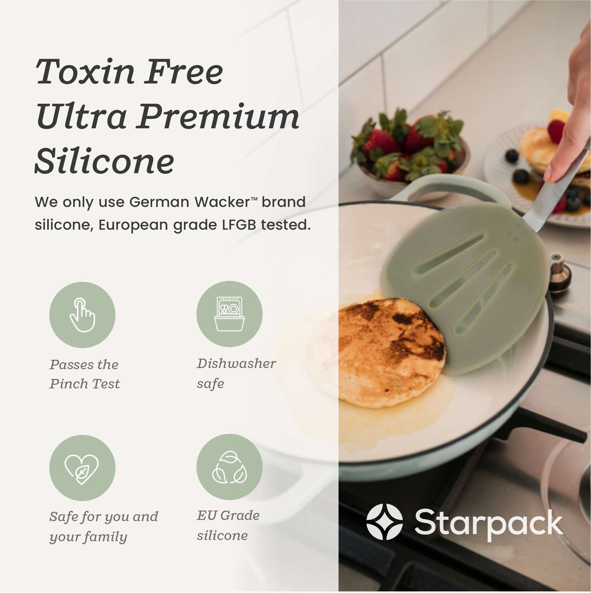 Starpack wide flex slotted turner with a flexible, heat-resistant silicone head and a sturdy handle, designed for flipping and draining larger portions