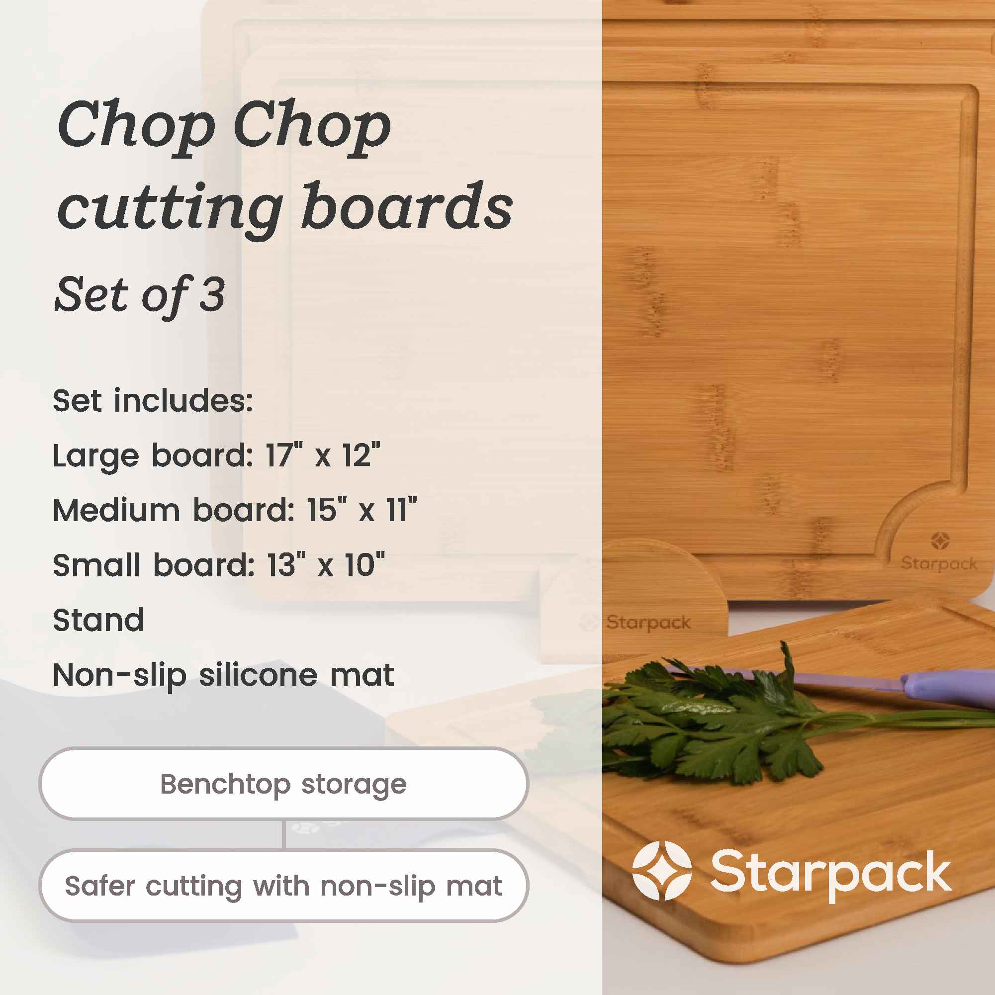 Chop Chop - Bamboo Cutting board set of 3 with stand &amp; nonslip silicone mat