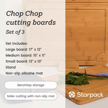 Chop Chop - Bamboo Cutting board set of 3 with stand &amp; nonslip silicone mat