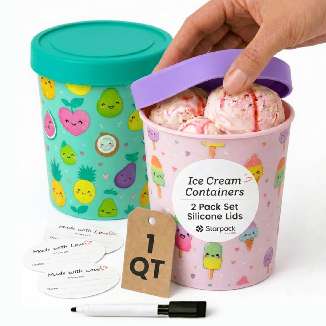 Freeze the Day | Ice Cream Freezer Container 1Qt Set of 2 - Purple &amp; Green | Purple / Green