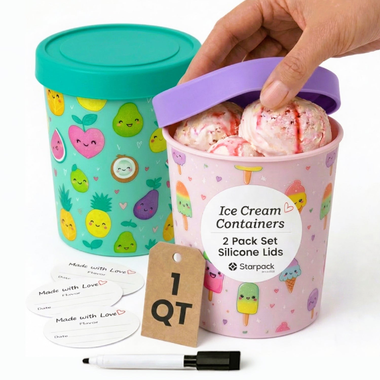 Freeze the Day | Ice Cream Freezer Container 1Qt Set of 2 - Purple &amp; Green | Purple / Green