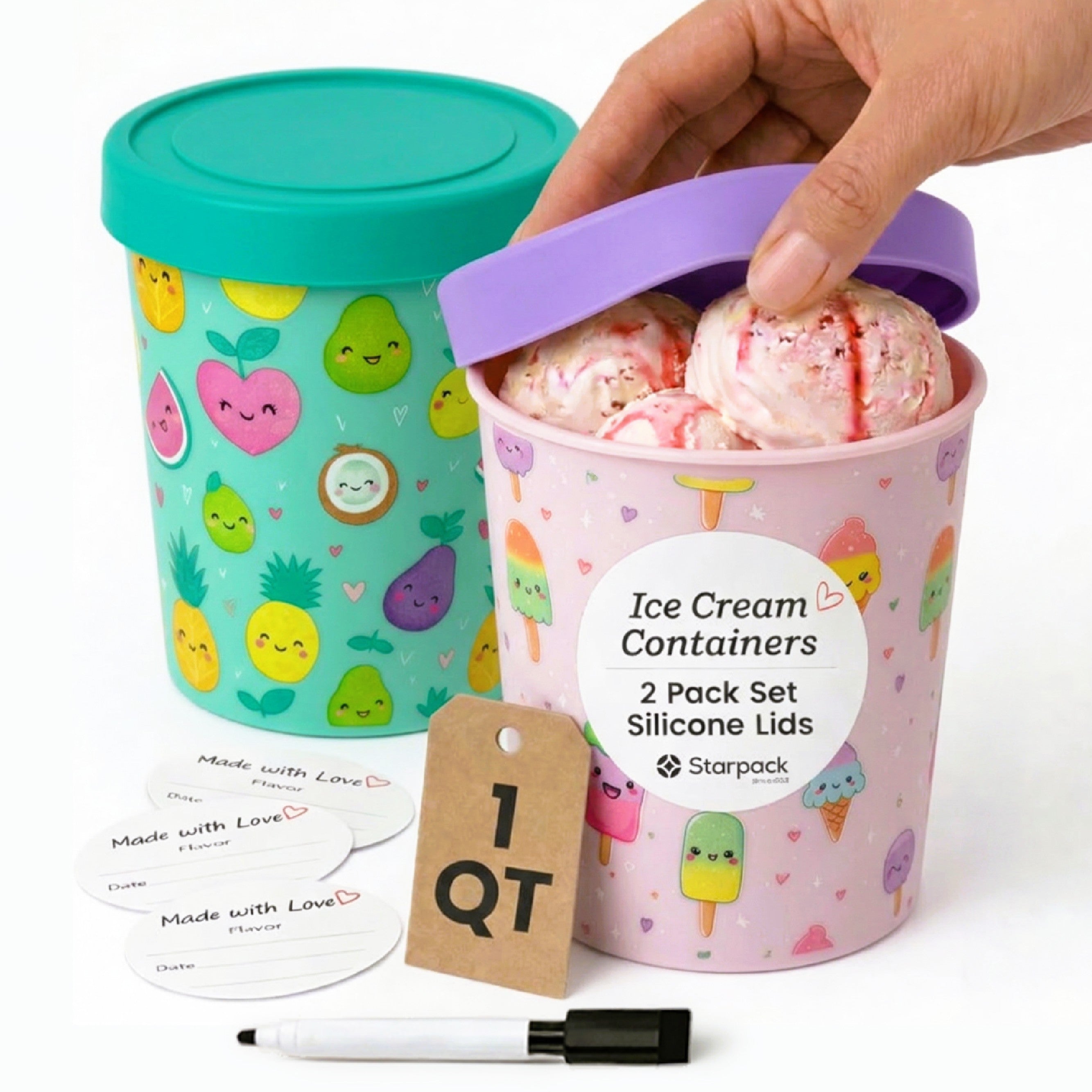 Freeze the Day | Ice Cream Freezer Container 1Qt Set of 2 - Purple &amp; Green | Purple / Green